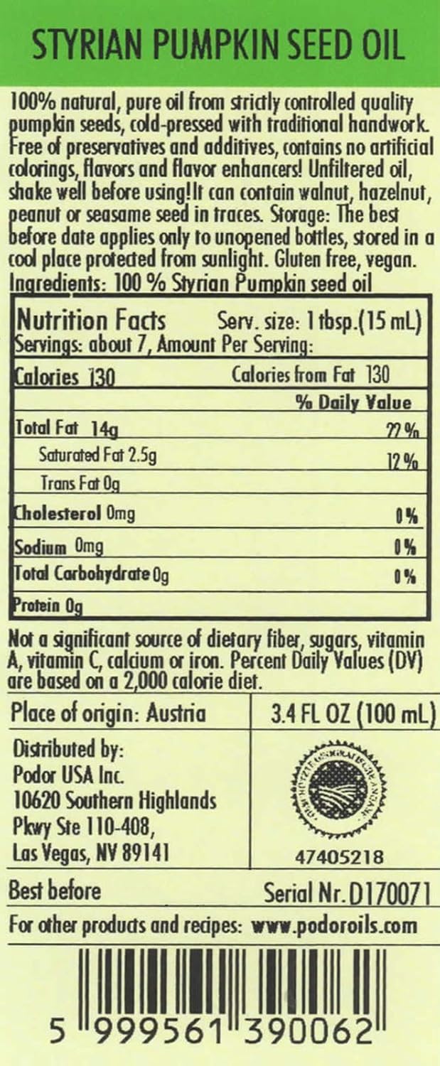 PÖDÖR Premium Styrian Pumpkin Seed Oil - 8.4 fl. Oz. - Cold-Pressed, 100% Natural, Unrefined and Unfiltered, Vegan, Gluten-Free, Non-GMO in Glass Bottle