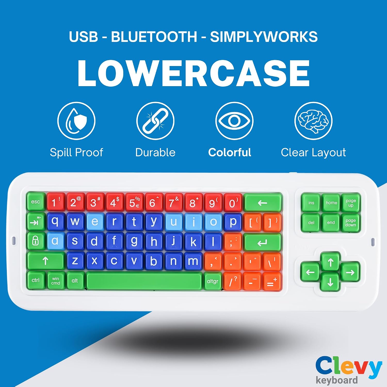 Clevy Keyboard Tri-Mode Uppercase - Kids Uppercase USB & Blutooth Compatible Colorful Spill Proof Keyboard for Early Education - Designed to Help Teach Computer and Keyboard Skills to Children
