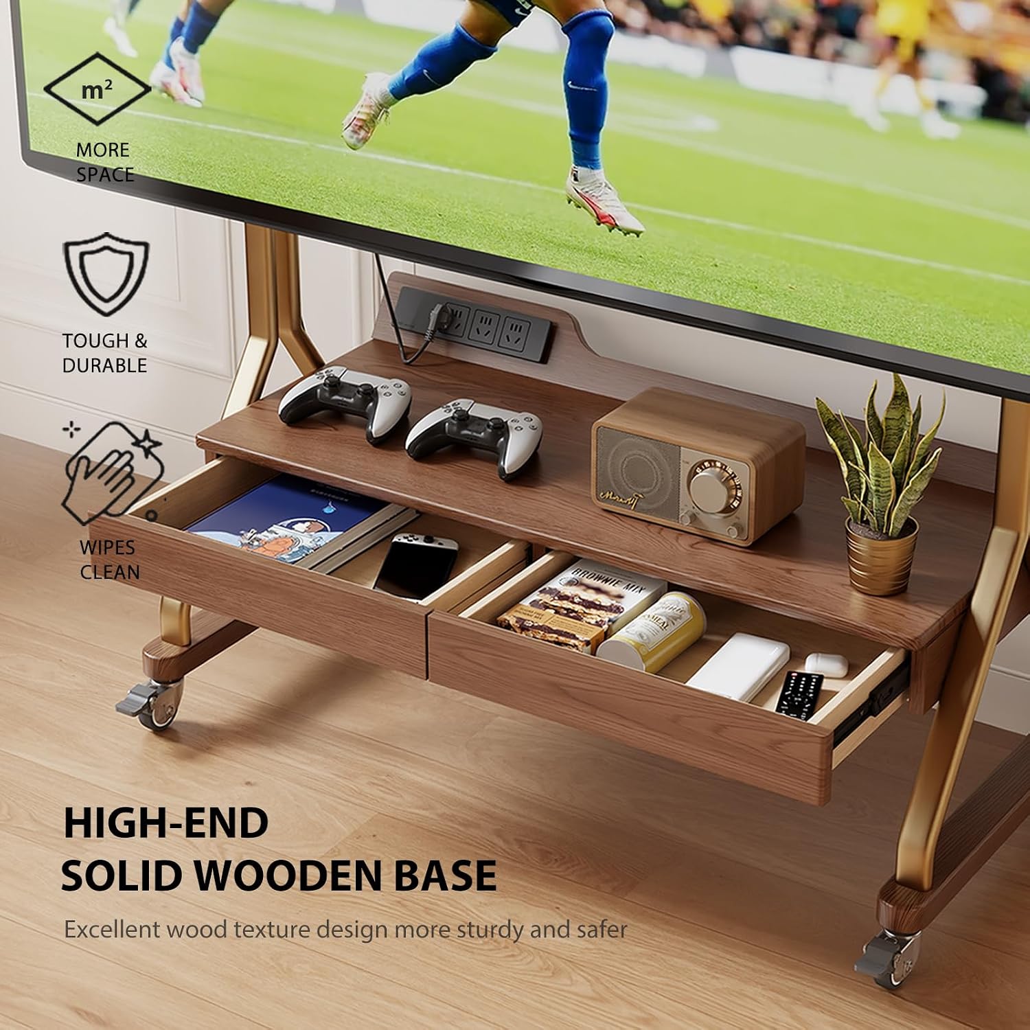 AnywaysWood TV Cart Rolling TV Stand with Wheels for Most 40-75" TVs up to 300lbs Height Adjustable, Tilting, Tall Heavy Duty TV Stand with 2 Drawers Power Strip, for Living Room