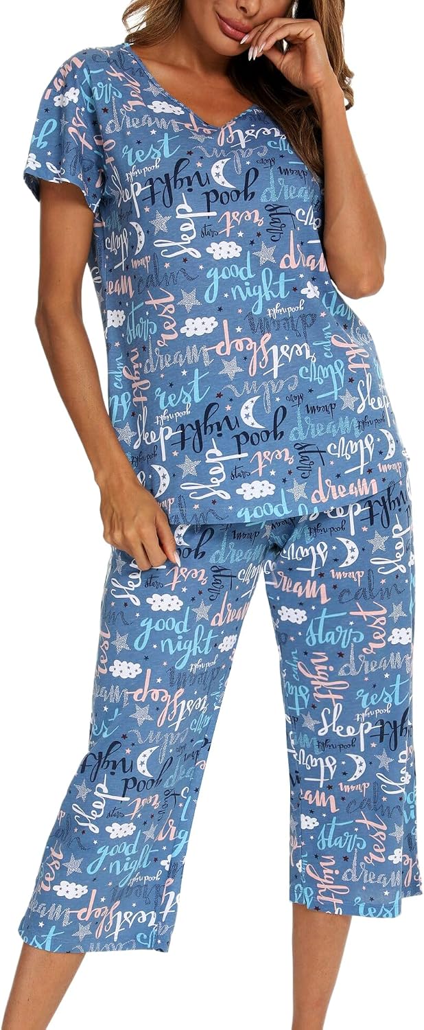 ENJOYNIGHT Womens Pajama Set Cotton Summer Pj Top with Capri Pant Sleepwear