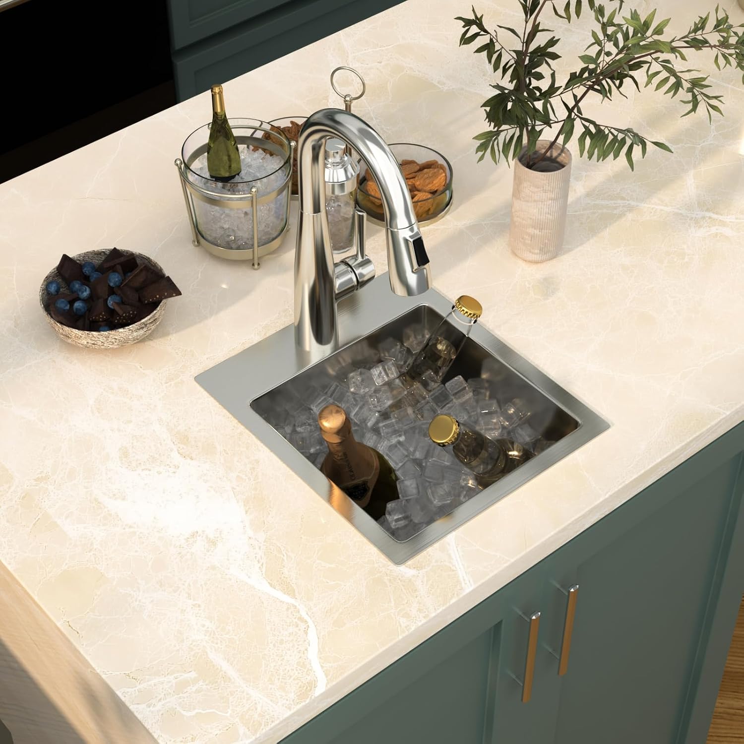 Mocoloo 13 Inch Drop in Bar Sink - 13" x 15" Small Kitchen Sink T304 Stainless Steel Handmade Single Bowl Round Corner Topmount Wet Bar Sink for