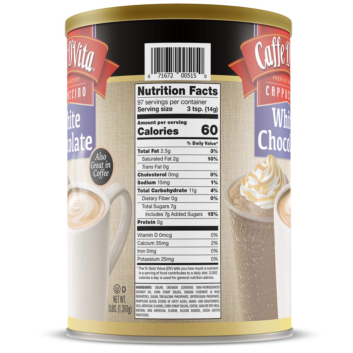 Caffe D'Vita Mocha Cappuccino Mix - 4 lb can (64 oz.) | Instant Cappuccino Mix, Gluten Free, No Cholesterol or Trans Fat, 99% Caffeine Free, Mocha