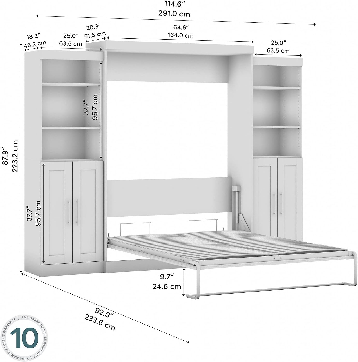 Bestar Pur Full Murphy Bed and 2 Shelving Units with Drawers, 109-inch Space-Saving Sleeping Arrangement in White | 2 Shelving Units with Drawers; supports up to 1000 lb; min. ceiling height 86.4 in.; dual piston mechanism; 10-year warranty
