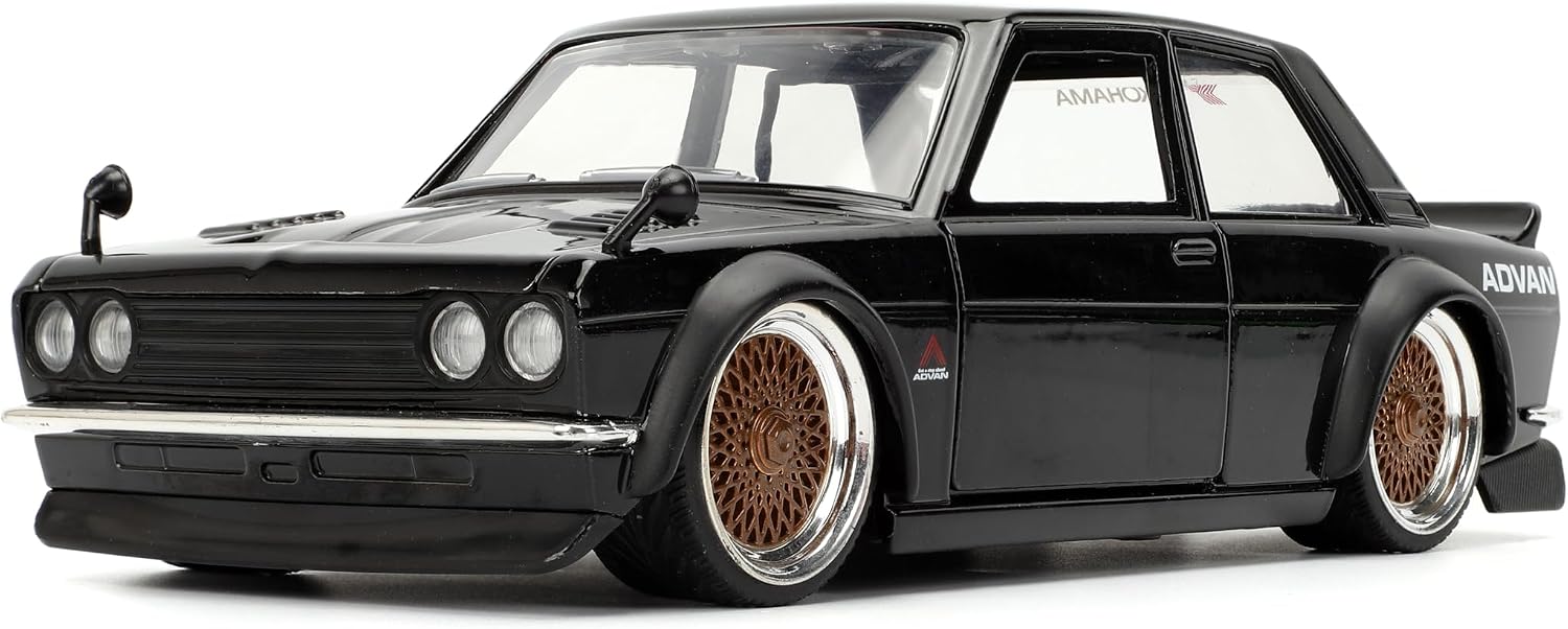 Jada Toys JDM Tuners 1:24 Scale Die-Cast 1973 Datsun 510 – Opening Doors, Detailed Interior, Rubber Tires, Collectible for Ages 8+(Gloss Black)