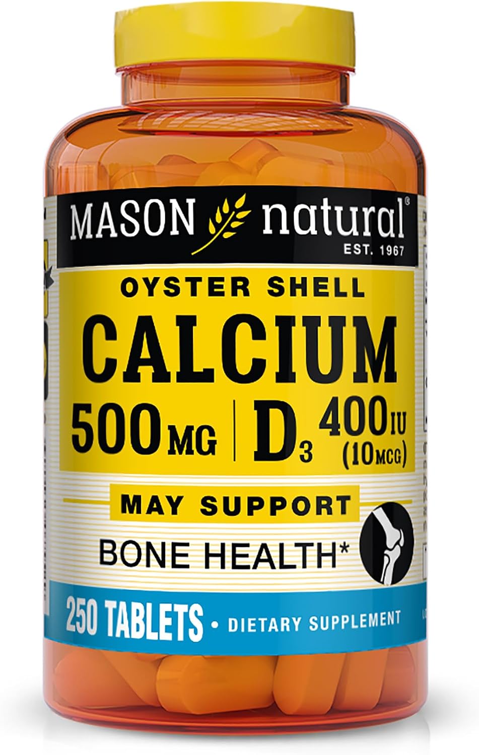 MASON NATURAL Calcium 500 mg (Oyster Shell) with Vitamin D3 to Support Normal Bone and Muscle Function, 250 Tablets