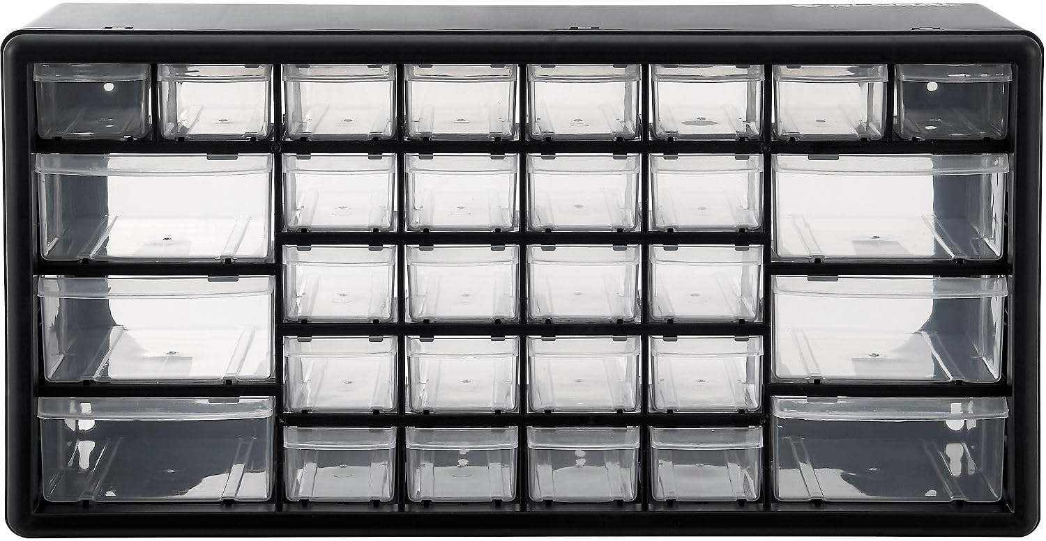 Global Industrial 30 Drawers Plastic Drawer Parts Cabinet, 20"W x 6-1/2"D x 10"H, Black