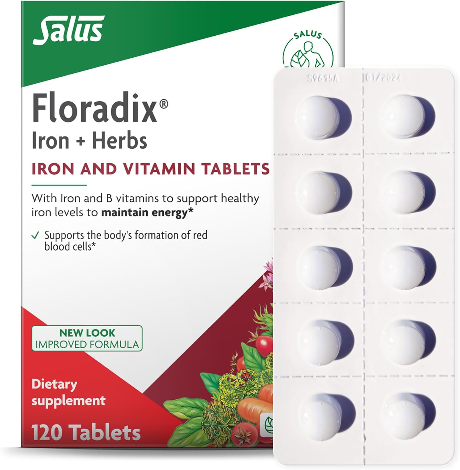 Floradix Iron Tablets - Iron Supplement with B Vitamins, Folic Acid, Vitamin C & More - Energy Support - Vegetarian & Gluten-Free - 80 Tablets (80 Servings)