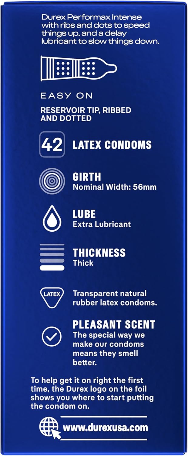 Condoms, Ultra Fine, Ribbed, Dotted with Delay Lubricant, Durex Performax Intense Natural Rubber Latex Condoms, 12 Count, Contains Desensitizing Lube for Men