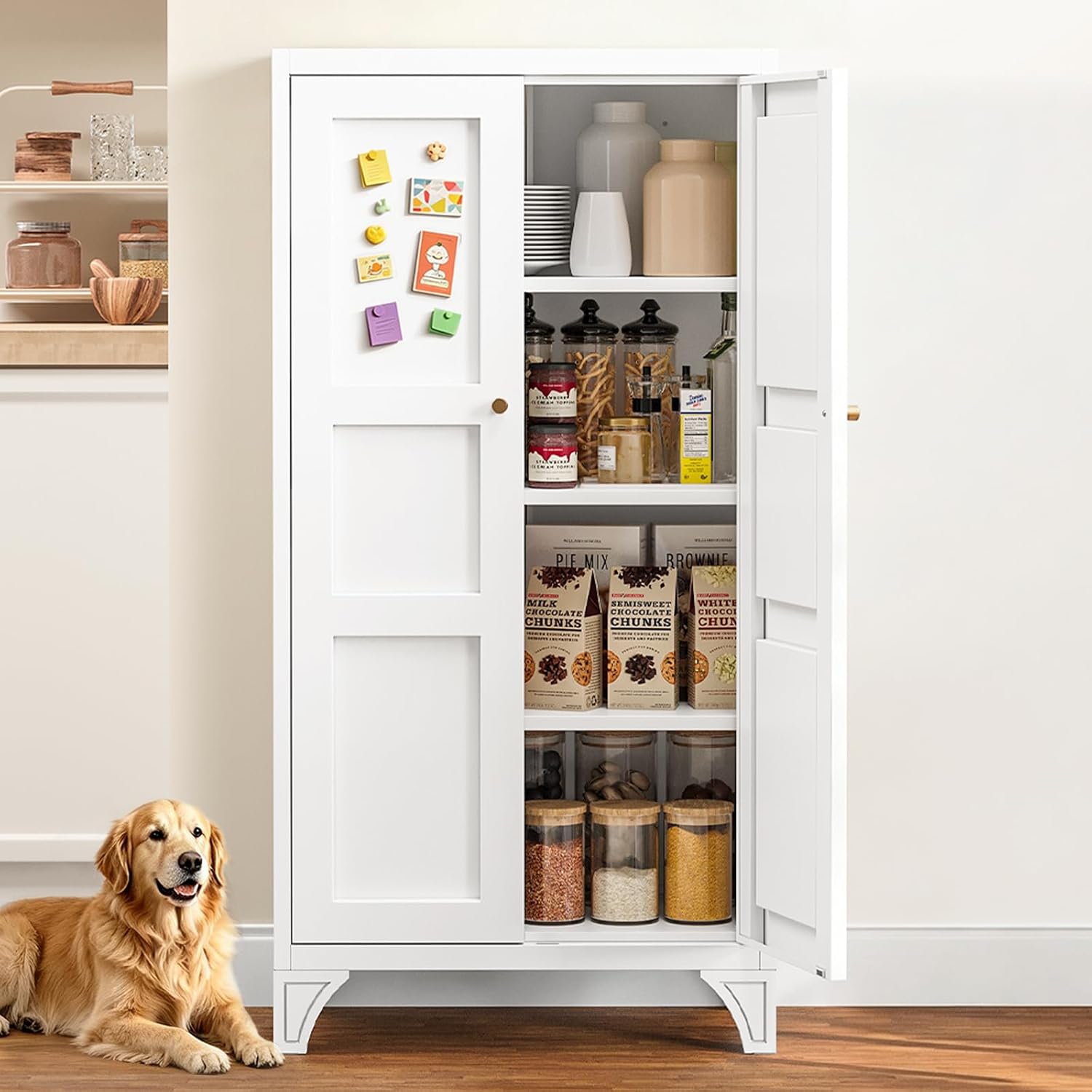 Metal Storage Cabinet with 2 Doors and 4 Adjustable Shelves - 61" White Kitchen Pantry Storage 5-Tier Tall Steel Cabinets Locker for Kitchen, Living Room, Dining Room