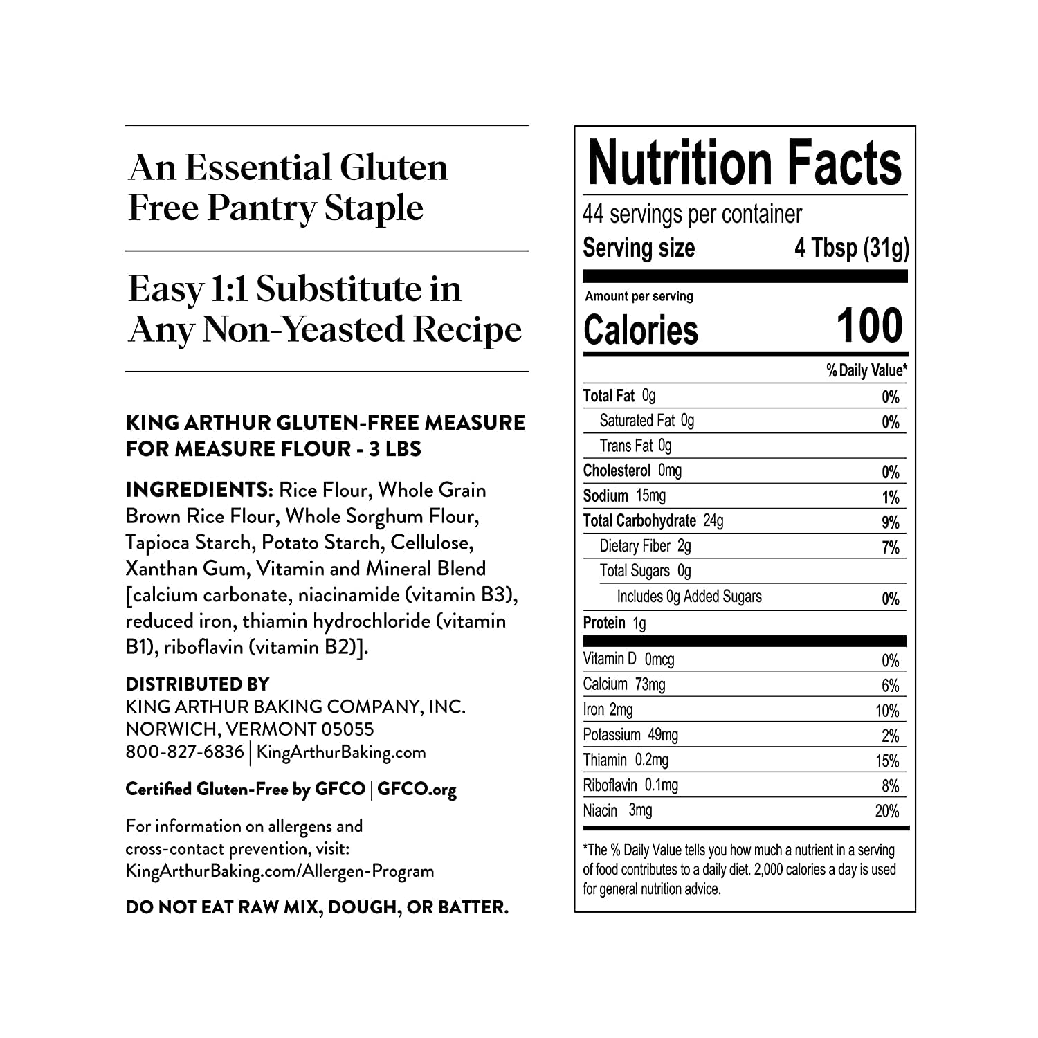 King Arthur Measure for Measure Gluten-Free Flour: All-Purpose 1:1 Substitute for Wheat Flour, Non-GMO, Kosher Certified, 3 lbs Bag for Baking Cookies, Cakes, Muffins