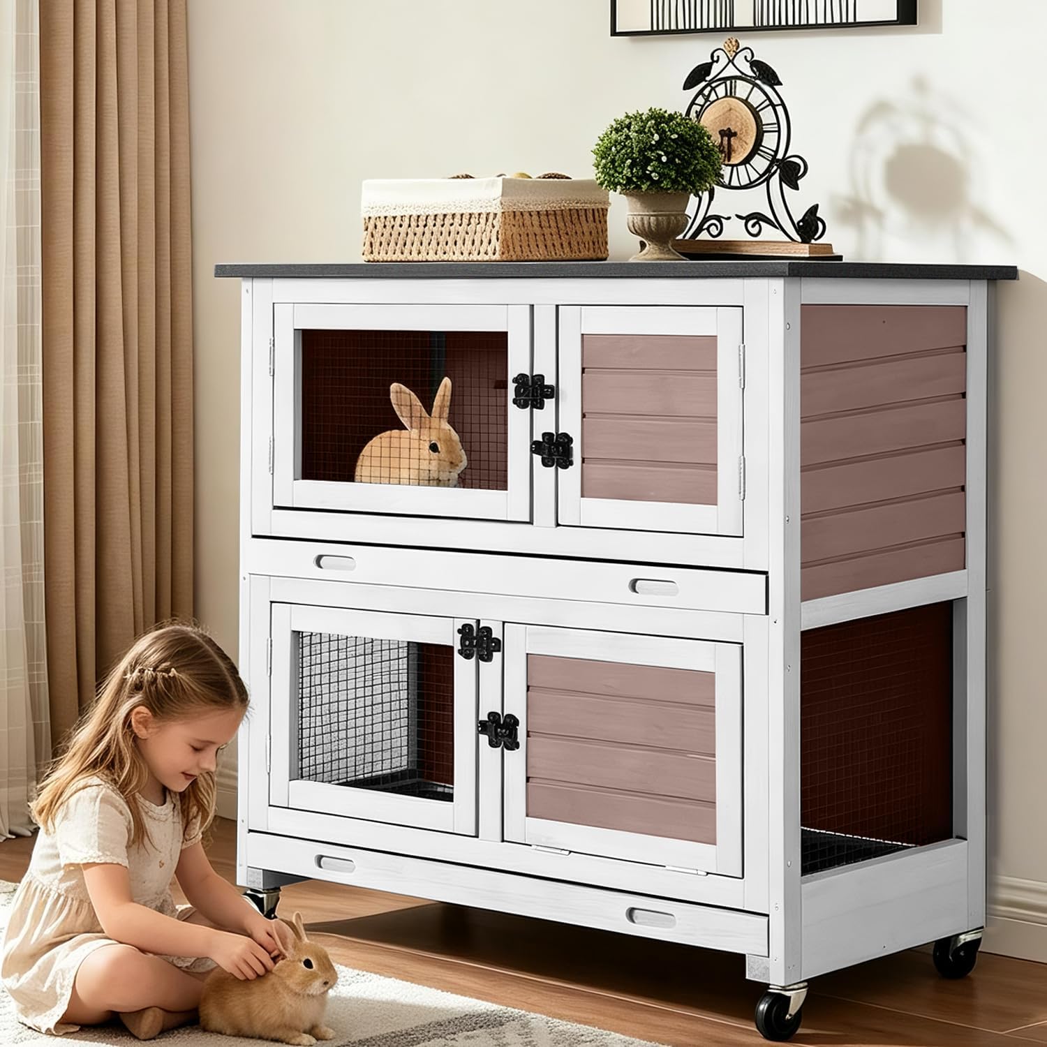 Outdoor Rabbit Hutch Indoor Bunny on Wheels Large Guinea Pig Cage with Run for Any Small Animals,Removable Pull Out Tray