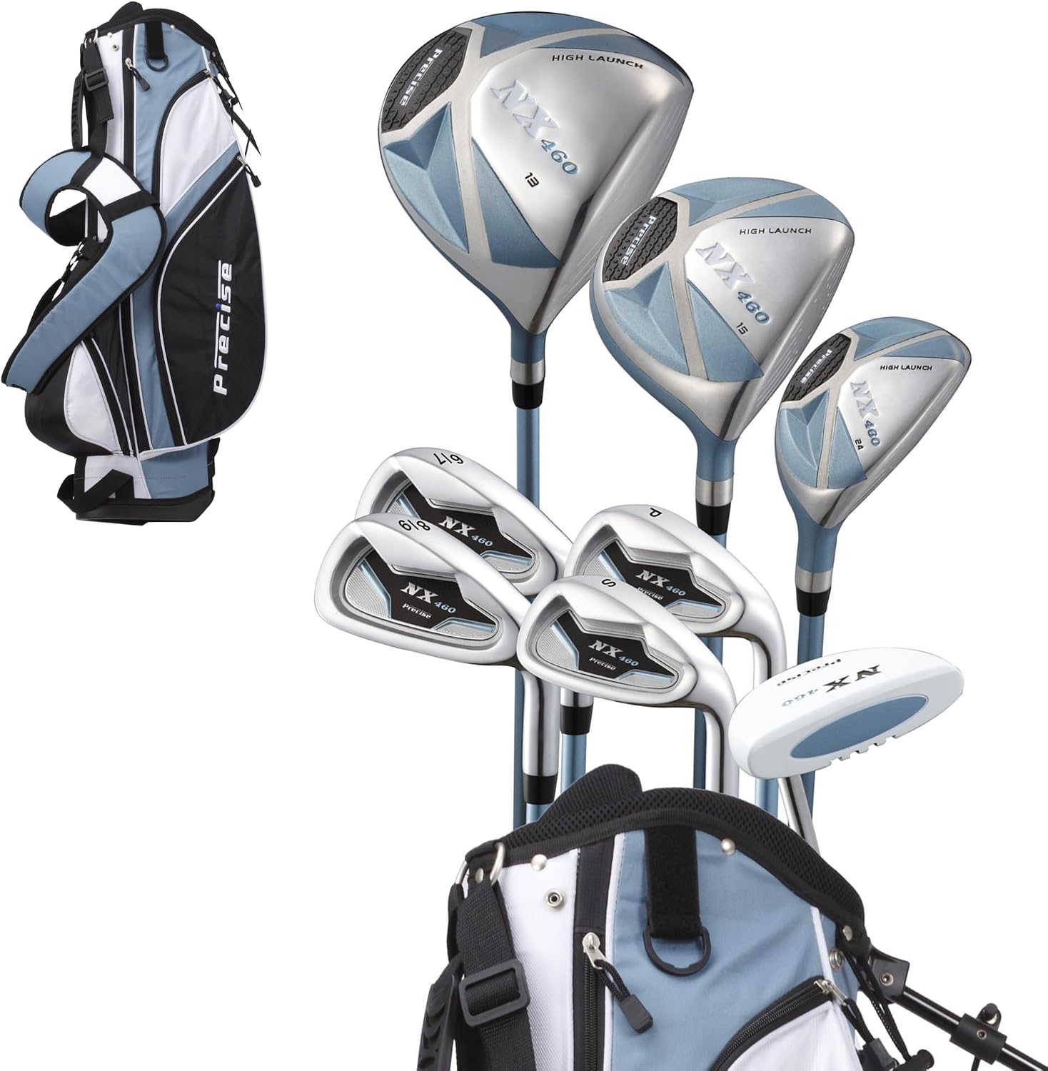 Precise NX460 - Women's Golf Club Set | Ultra-Light Graphite Shafts, Driver, Fairway & Hybrid, 4 Irons, Putter, Stand Bag, Headcovers, Petite To Regular