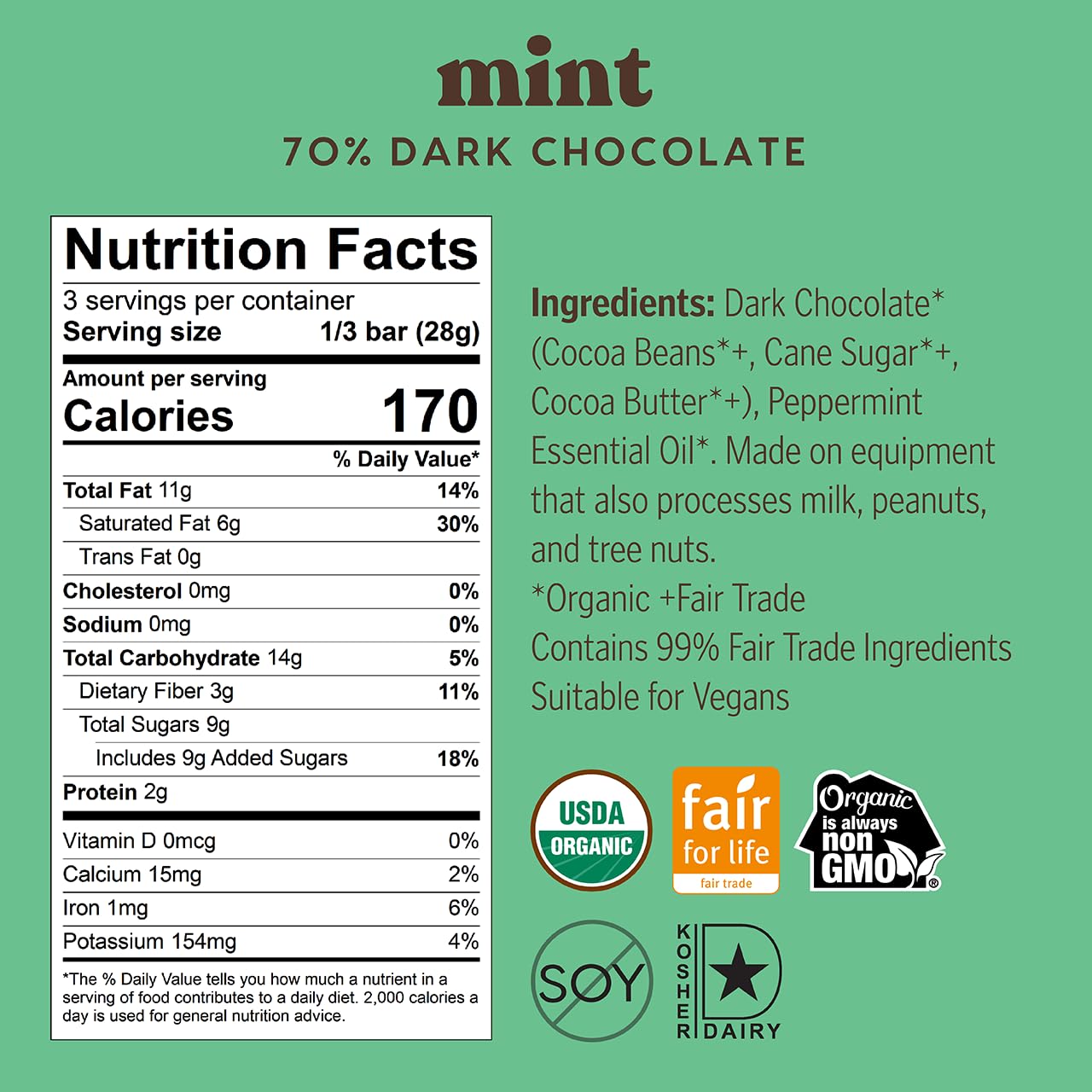 Theo Mint Organic Dark Chocolate Bar, 70% Cacao, 1 Bar | Vegan, Fair Trade