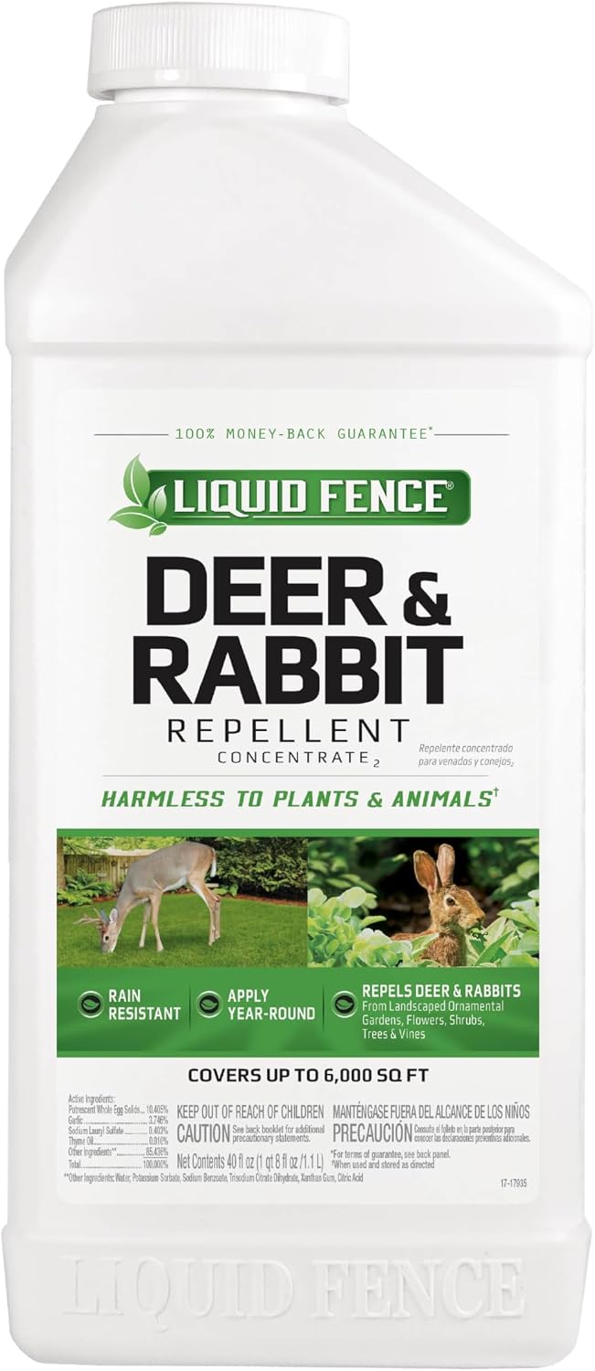 Liquid Fence Deer And Rabbit Repellent Concentrate 32 Ounces, Apply Year-Round | Use to Treat on Gardens, Flowers, Shrubs, Trees & Vines, Covers up to 5,000 Sq. Ft., Harmless to Plants & Animals