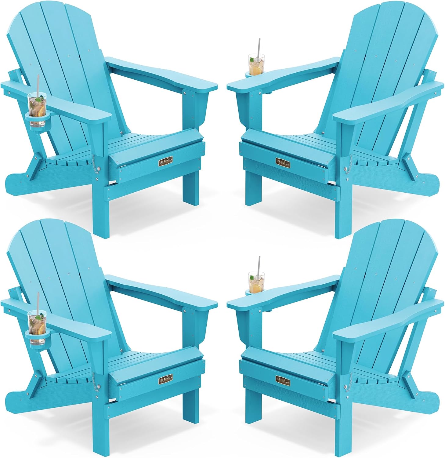 SERWALL Folding Adirondack Chairs with Cup Holder, Outdoor Fire Pit - Blue