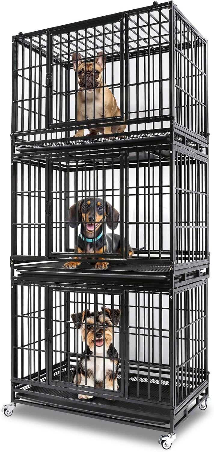 Homey Pet Taller 43" Heavy Duty Double Dog Crates with Divider & Dual Door | Drop Cage for Dogs with Lockable Wheels, Bowls, Removable Tray, Top Access, Ideal for Small to Medium & Large Dogs, Breeders