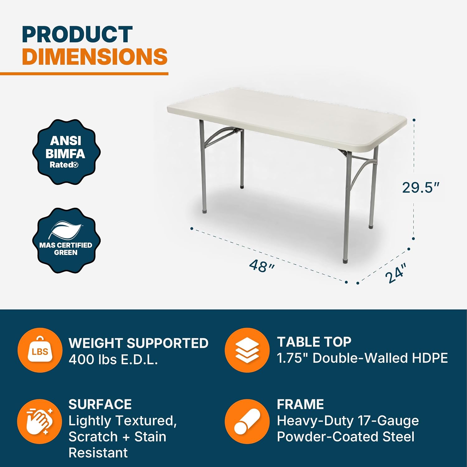 OEF Furnishings OEFBT2448 Utility Series Heavy-Duty Premium Commercial-Grade Indoor/Outdoor Folding Table (24 x 48 in, Rectangular
