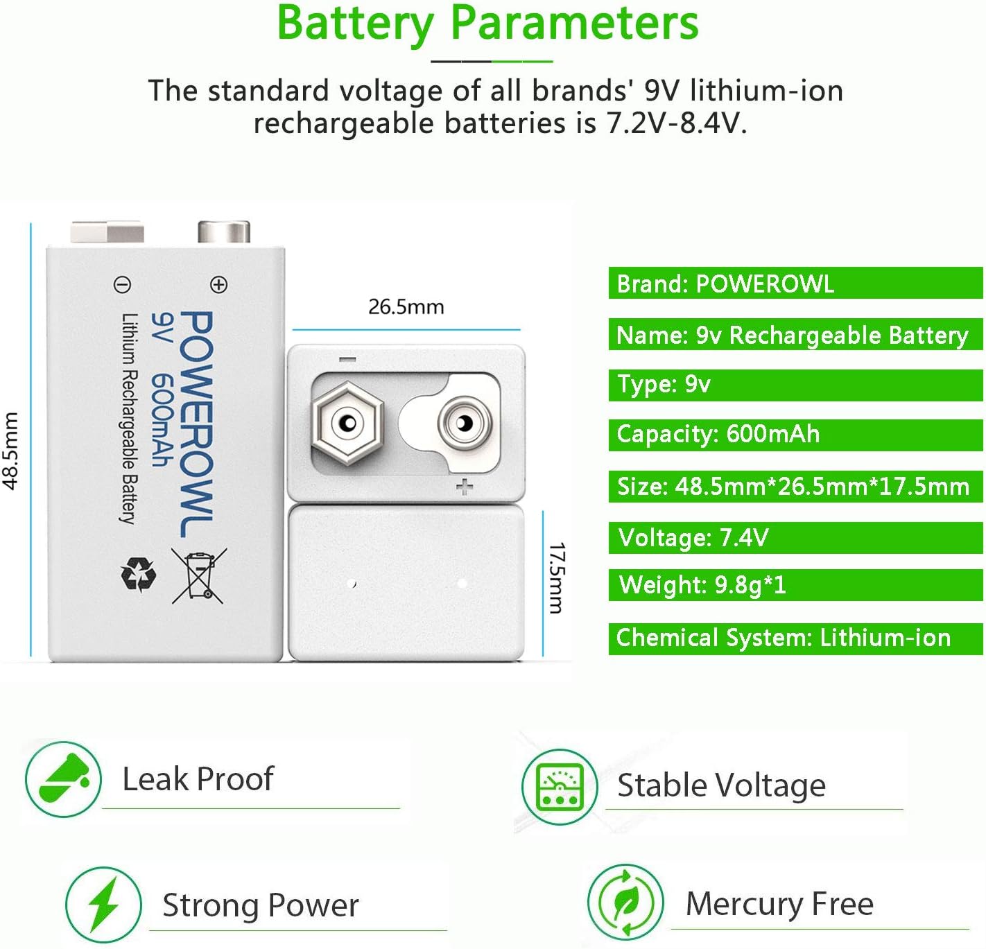 POWEROWL 9V Rechargeable Batteries 600mAh Lithium-ion Low Self Discharge Battery for Smoke Dectector and More 4 Pack