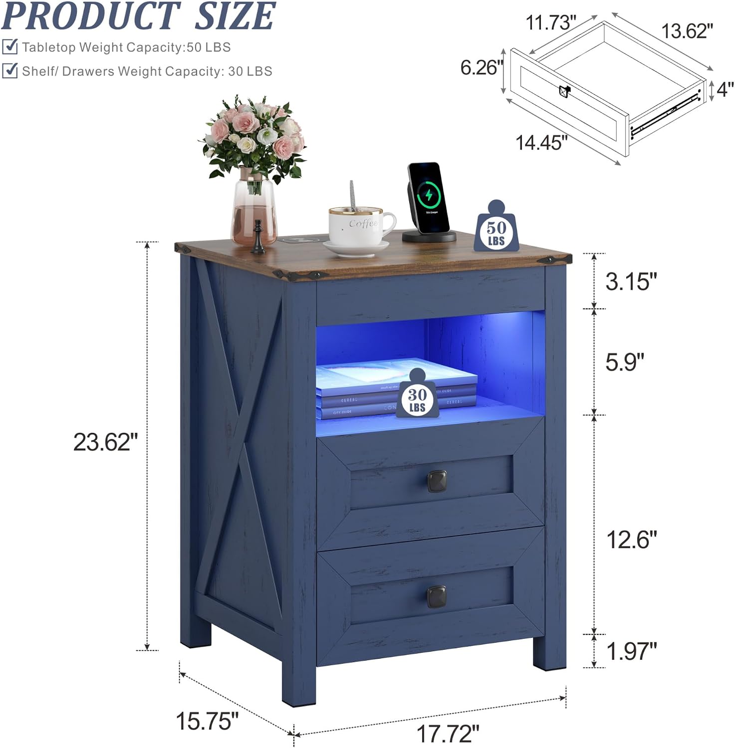 Farmhouse LED Nightstand with Gun Drawer&Invisible Lock,Modern Bedside Table with Human Sensor Design,Rustic Side Table with Wireless Charging for Living Room, Dark Oak