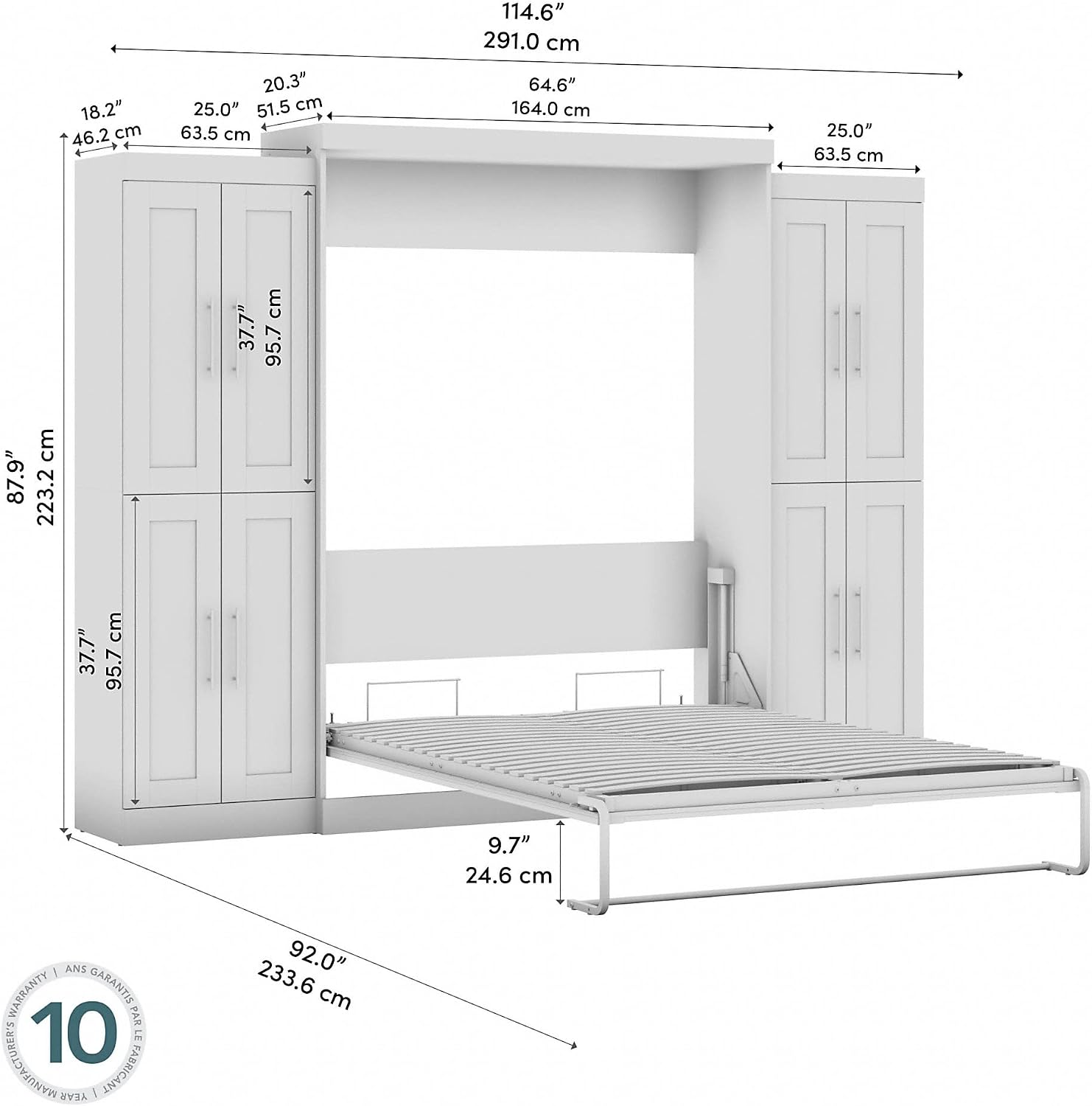Bestar Pur Full Murphy Bed and 2 Shelving Units with Drawers, 109-inch Space-Saving Sleeping Arrangement in White | 2 Shelving Units with Drawers; supports up to 1000 lb; min. ceiling height 86.4 in.; dual piston mechanism; 10-year warranty