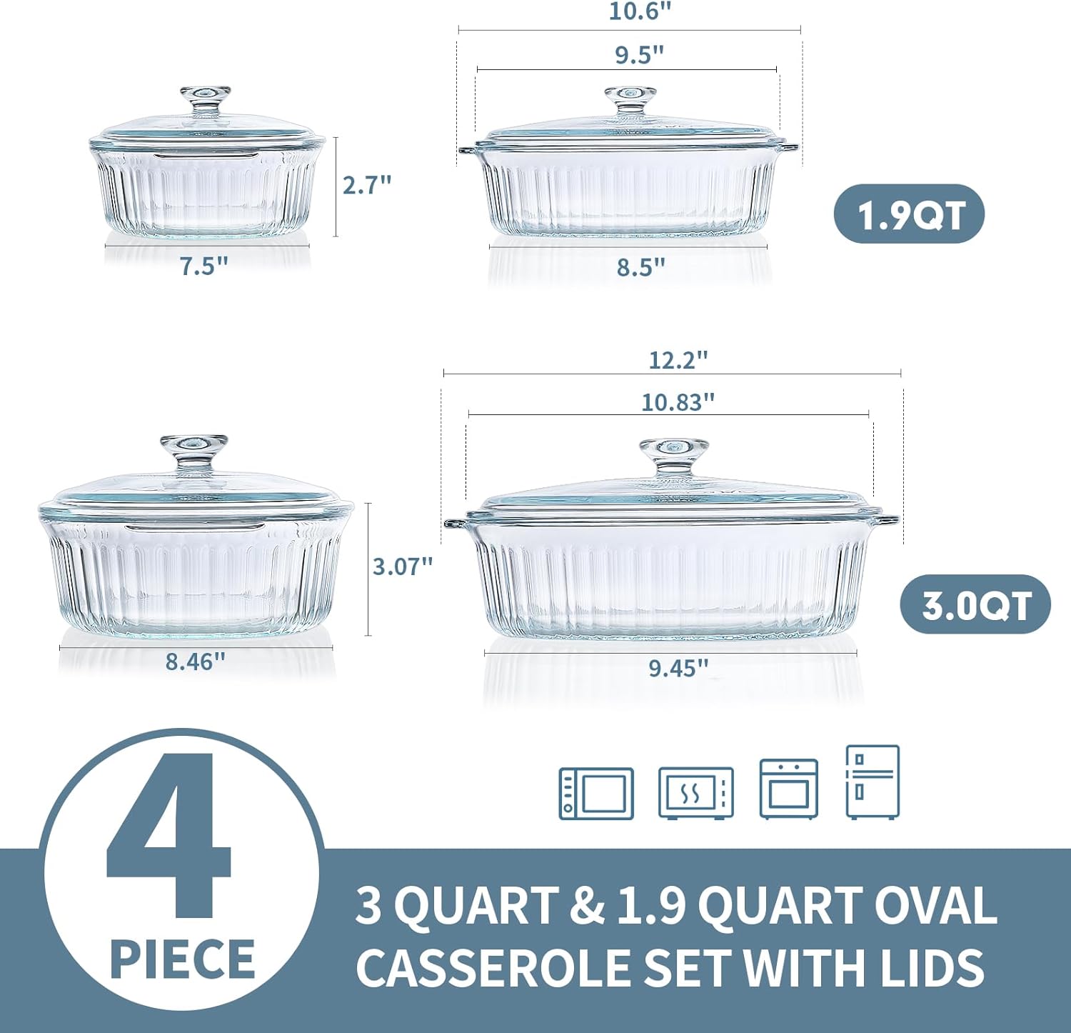 M MCIRCO 4-Piece Glass Casserole Baking Dish, Set of 2 Casseroles With Glass Lids, 1.9 Qt and 3 Qt | Baking Pans for Lasagna