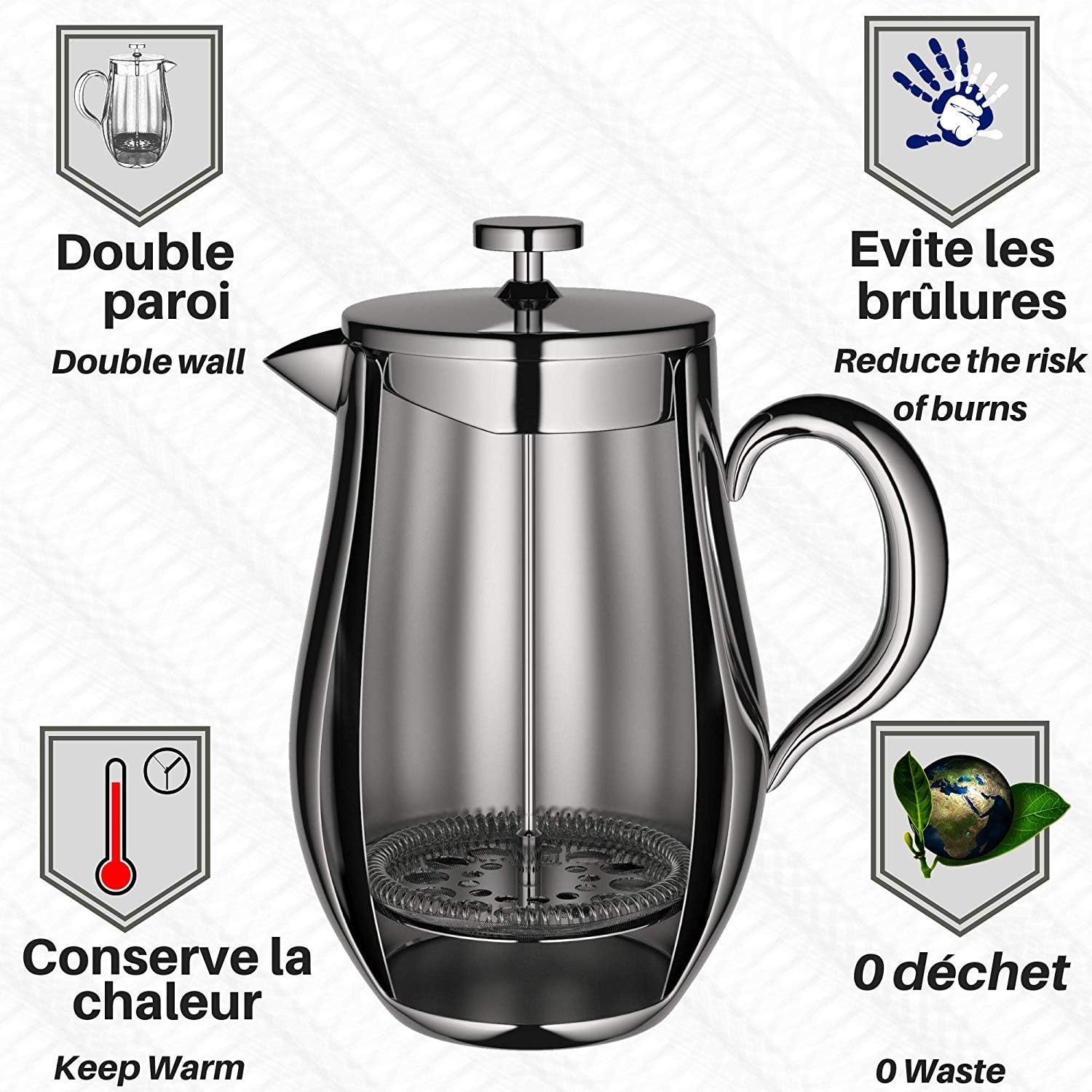 VeoHome - 0.75 litre plunger - Unbreakable and keeps the coffee hot for a long time thanks to its double stainless steel shell