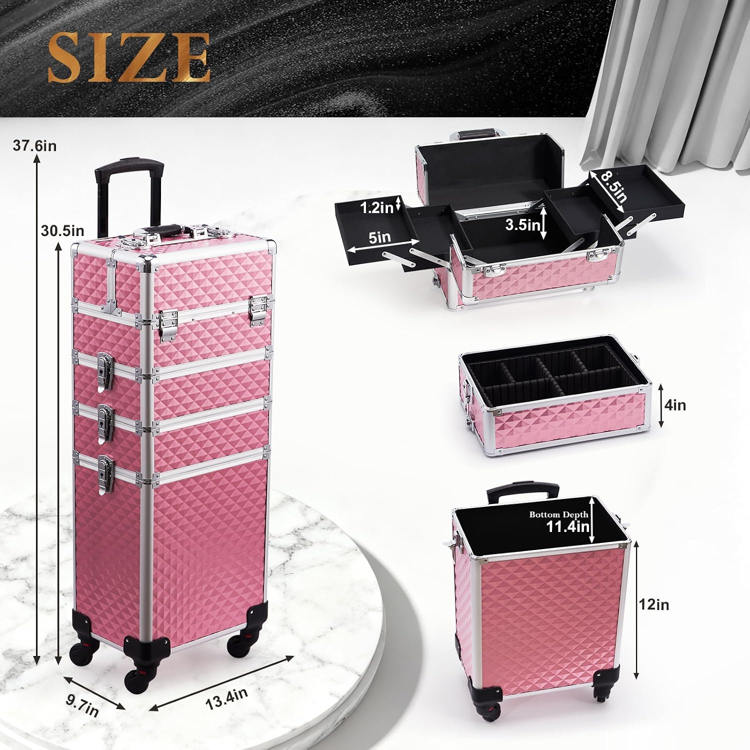 Stagiant Rolling Makeup Case Cosmetology Case on Wheels 4 in 1 Large Cosmetic Organizer Train Case Makeup Travel Case with Key Swivel Wheels Nail