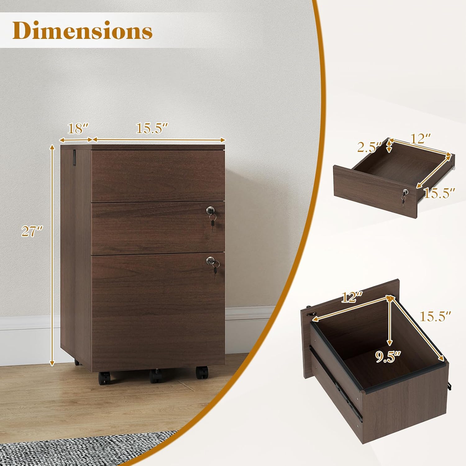 Mobile File Cabinet with 3 Drawers, Wooden Rolling Filing Cabinet with Lock, Under Desk File Organizer for A4/Letter/Legal Size, for Home Office, Study (White)