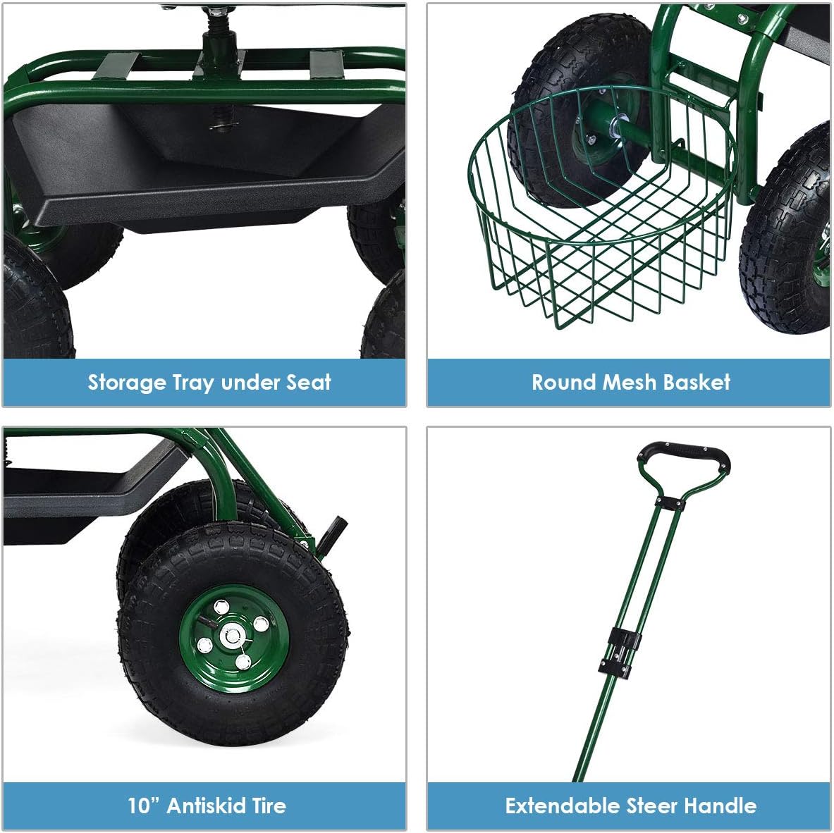 Goplus Rolling Garden Cart with Seat, Outdoor Garden Stool with Wheels, Tool Tray & Basket, Adjustable Steering Handle