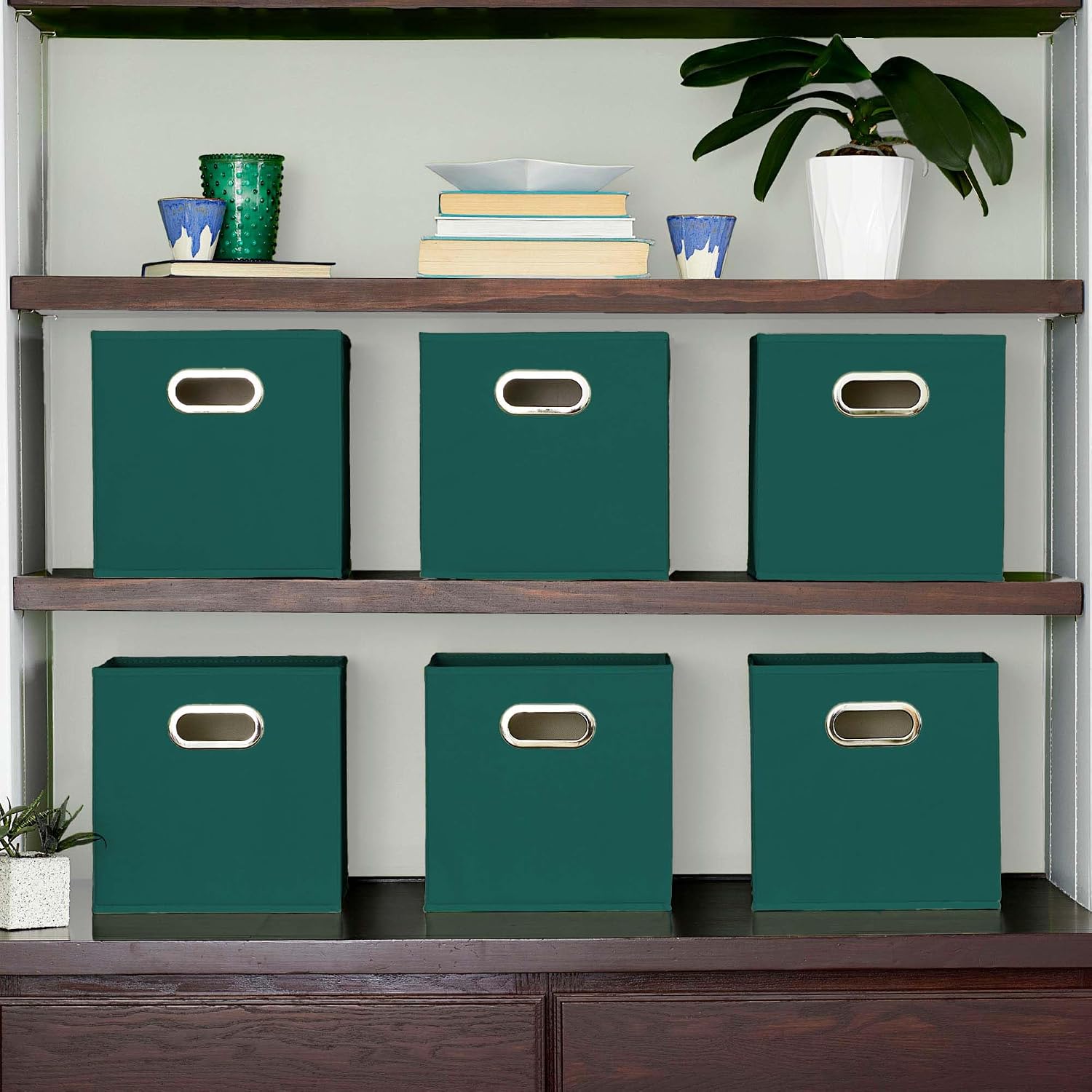 Household Essentials Fabric Storage Bins 6 Piece Set, Strong Poly-Woven Fabric, Sturdy Chipboard Sides, Grommet Front Handle, Stackable and Foldable, Classic Design, Navy