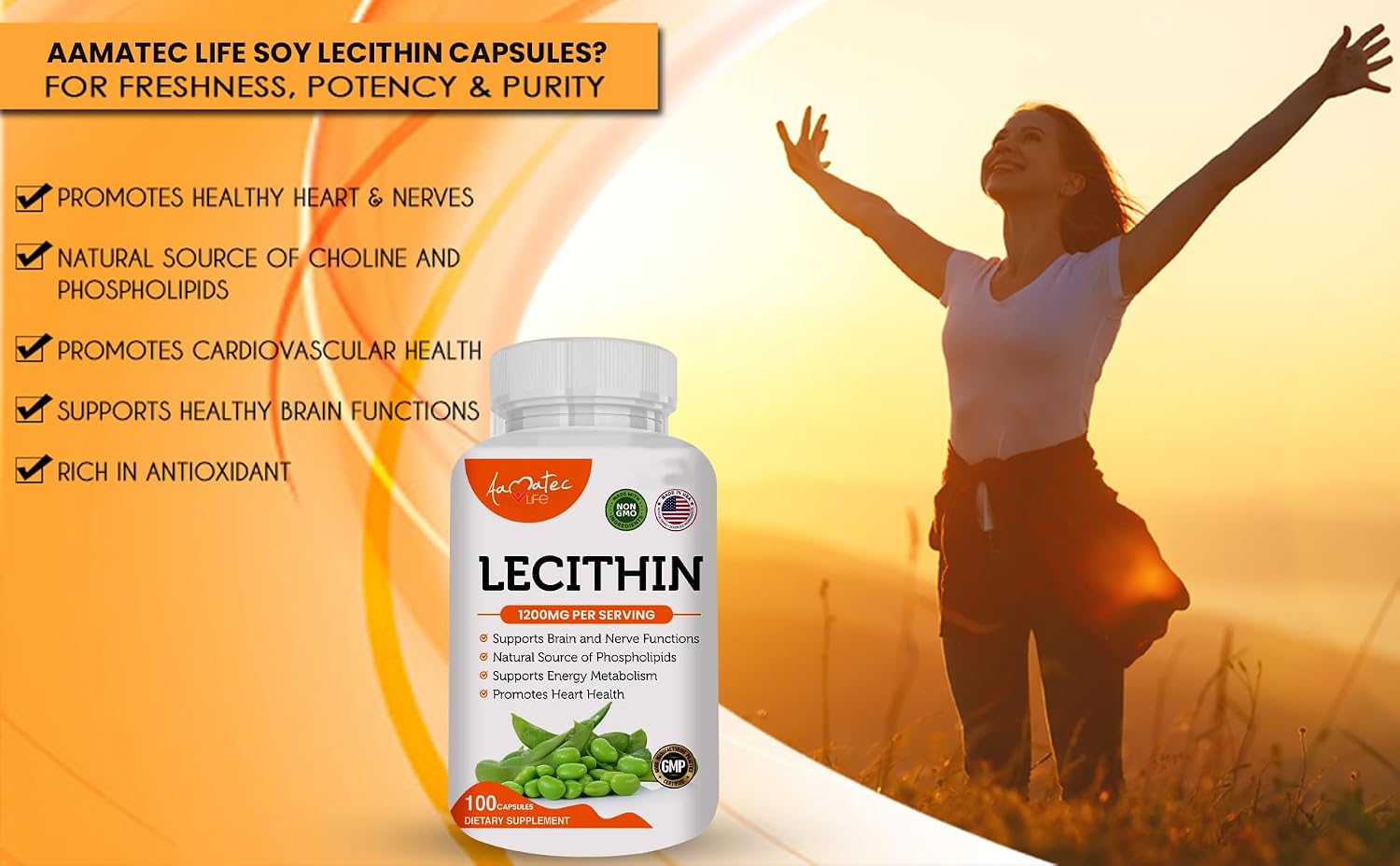 Soy Lecithin 1200mg Capsules Supplement for Heart, Liver & Brain Health – Supports Immune System