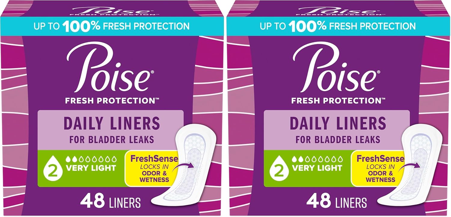 Poise Daily Liners, Incontinence Panty Liners for Bladder Leaks, 2 Drop Very Light Absorbency, Long Length, 264 Count of Pantiliners (6 Packs of 44), Packaging May Vary