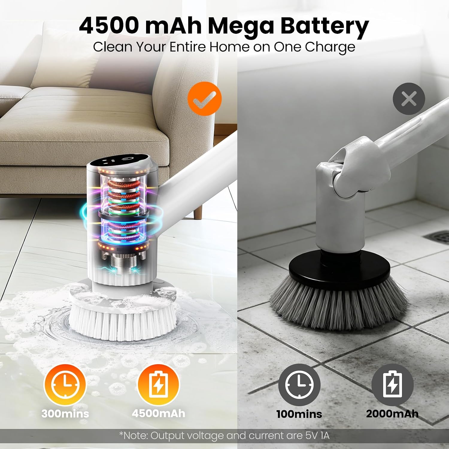 Electric Spin Scrubber – 5-Hour Battery, 6 Brush Heads, No Bending with 47" Extendable Handle