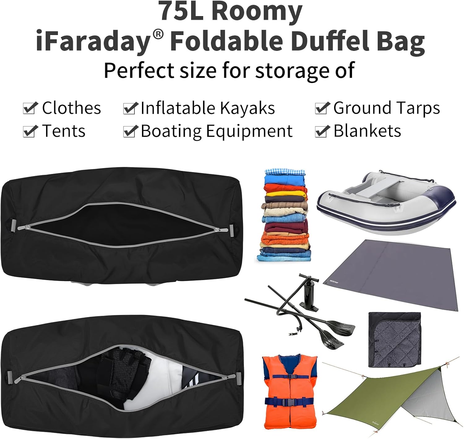 iFARADAY Foldable Duffel Bag Lightweight, 30 inch / 75L, Royal Blue