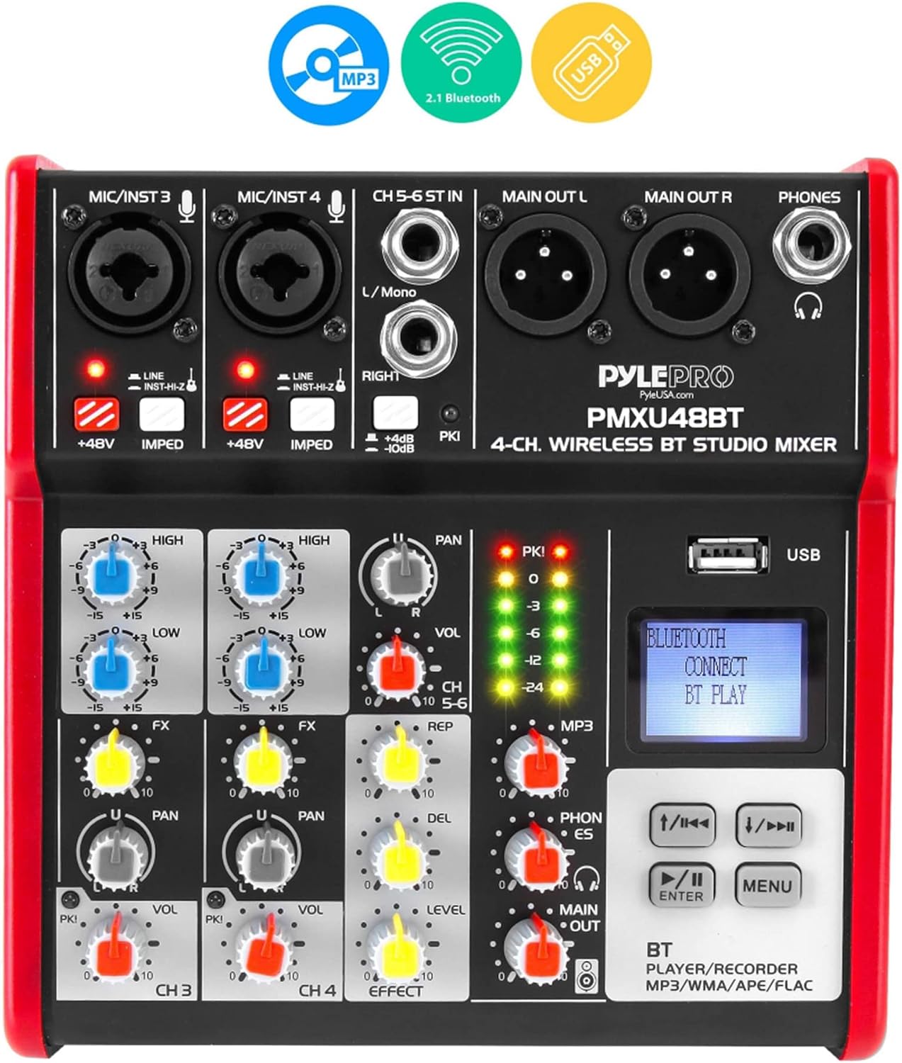 Pyle Studio Audio Sound Mixer Board - 4 Channel Bluetooth Compatible Professional Portable Digital DJ Mixing Console W/USB Mixer Audio Interface