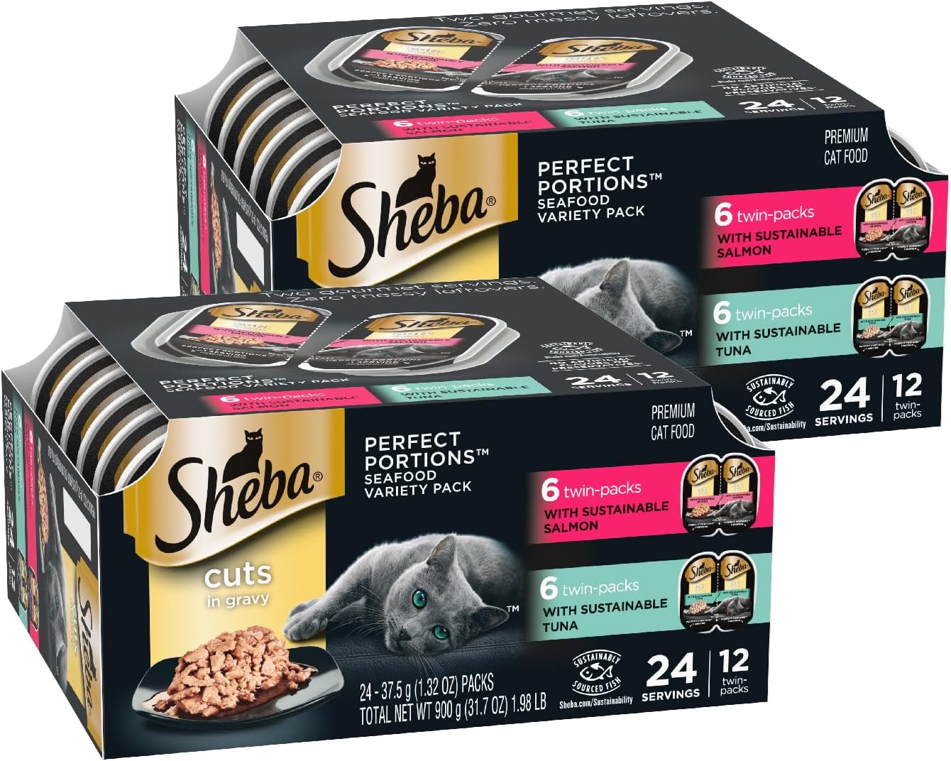 Sheba Perfect Portions Cuts Wet Cat Food, Chicken & Turkey, 2.6 oz, 12 ct | Grain-free, Roasted Chicken & Tender Turkey, adult cat food, protein-rich, no fillers or artificial flavors, twin-pack trays