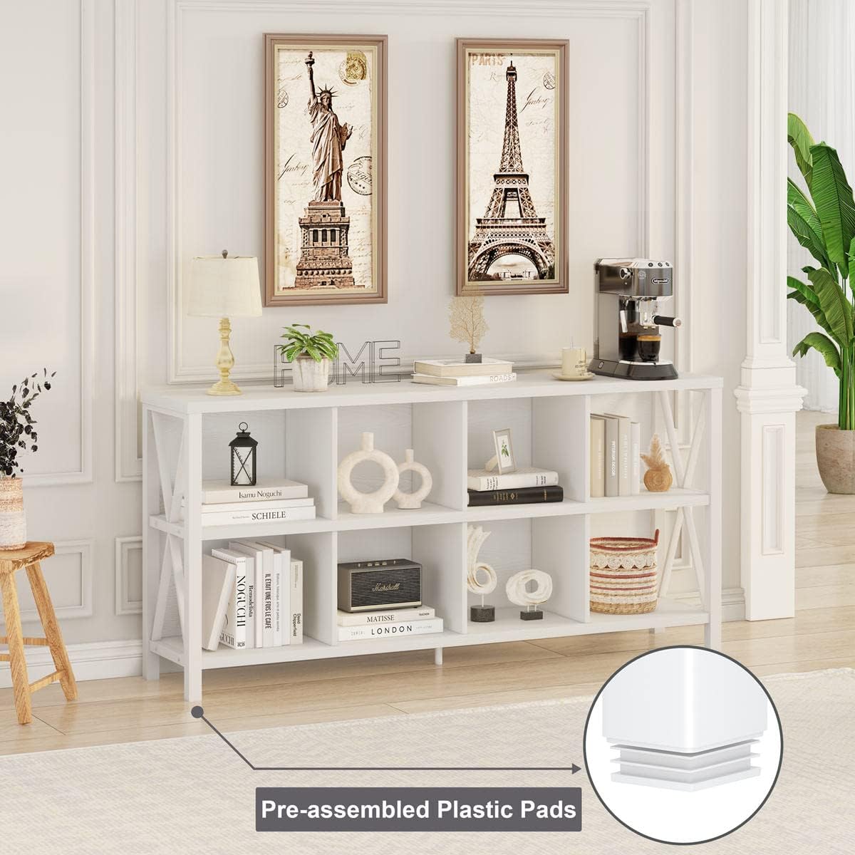 FATORRI 8 Cube Storage Organizer Bookshelf, 62 Inch Wood Horizontal Bookcase, Farmhouse Cube Long Book Shelf