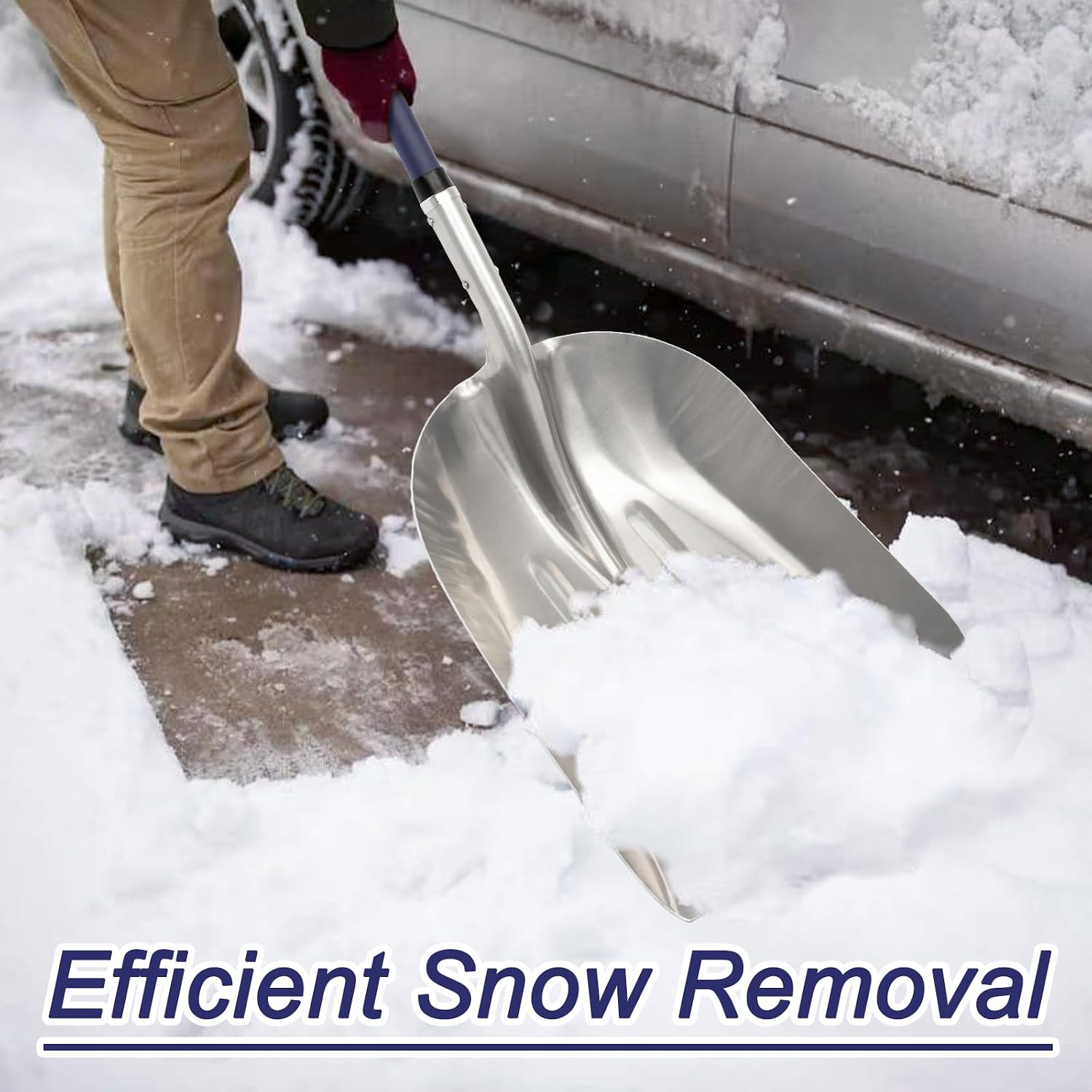 Nohovu Aluminum Snow Shovel - Large Capacity Driveway Snow Removal Tool, Fiberglass D-Handle, 45 Inch Blade
