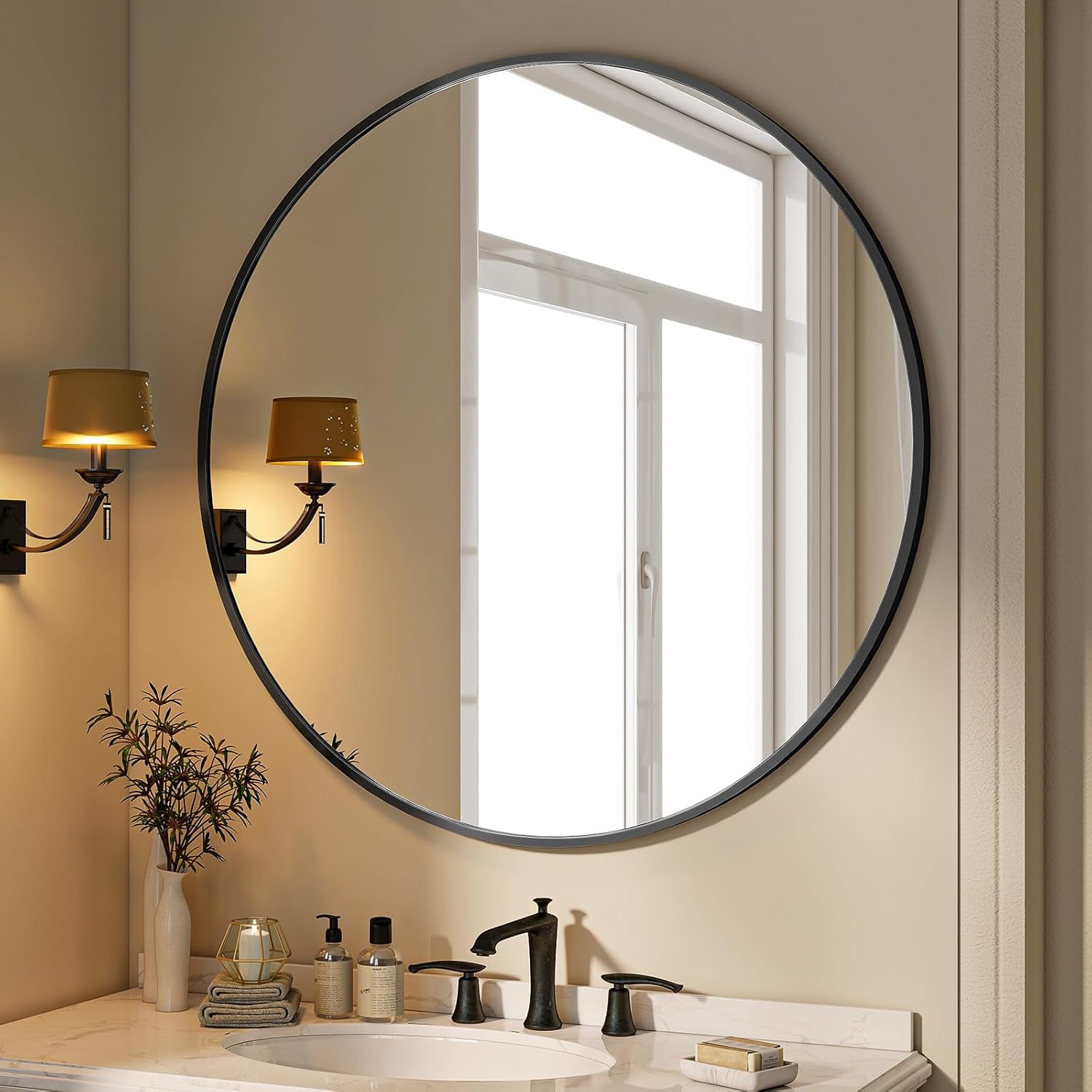 BEAUTYPEAK 24 Inch Round Mirror, Metal Frame Circle Mirror, White