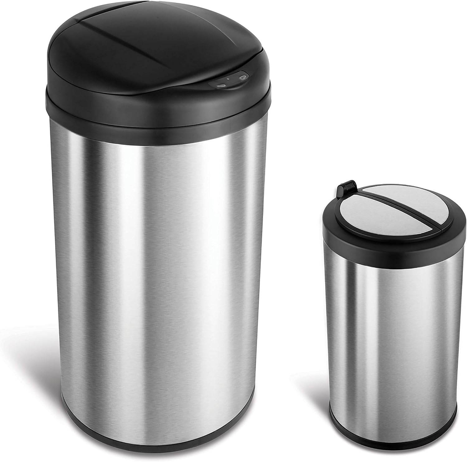 NINESTARS CB-DZT-50-98-1C Automatic Touchless Motion Sensor Oval & Rectangular Trash Can Combo Set, 13.2 Gal. 50 L. & 2.1 Gal.8 L., Stainless Steel