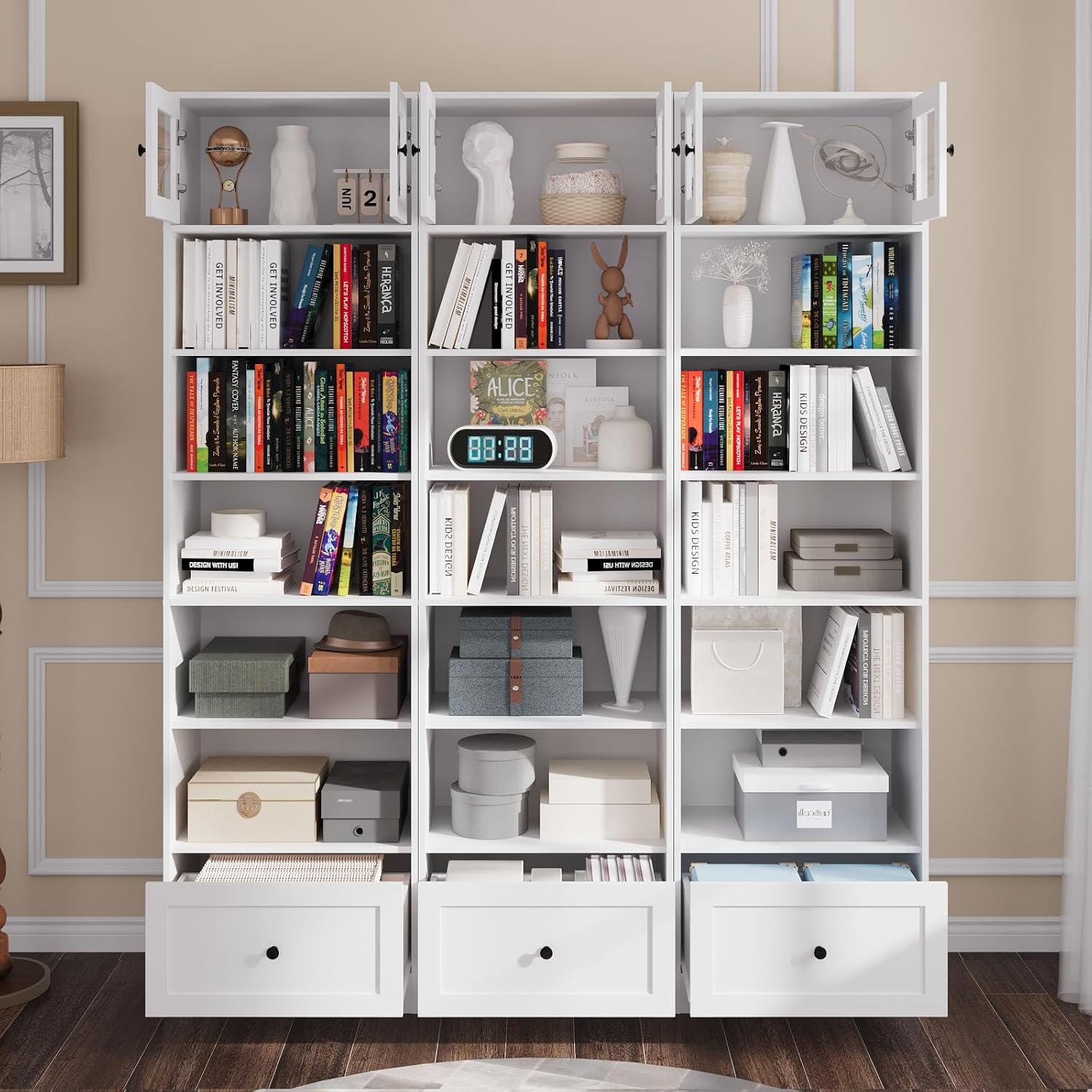 TUSY 85.5 Inch Tall Bookshelf with Doors - 7 Tier Bookcase with Glass Doors and Drawer, 23.6" Wide Storage Cabinet with Open Shelves for Living Room, White Book Shelf for Home Office, Study (AAAA)
