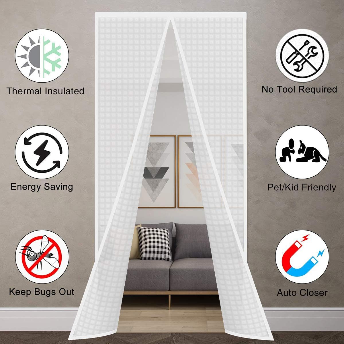 Insulated Door Curtain, Thermal Magnetic Self-Sealing Door Screen Winter Stop Draft Keep Cold Out Cover for Kitchen, Bedroom, Air Conditioner Room