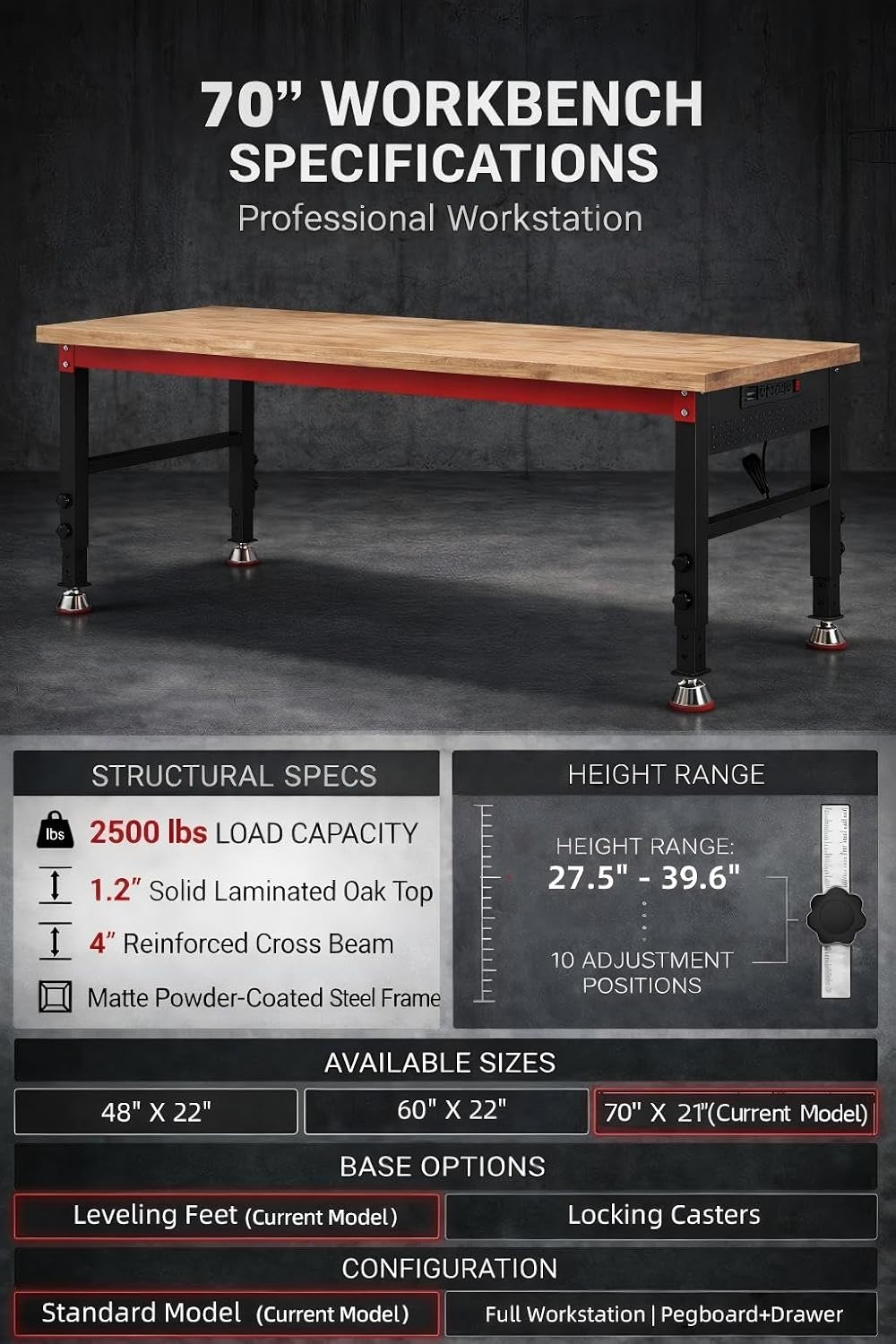 60" Heavy Duty Workbench, 2500 LBS Load Capacity Work Bench with 1.2" Laminated Oak Wood Top & Reinforced Steel Frame, Adjustable Height Work Table for Garage, Workshop, Office, Home (Casters)