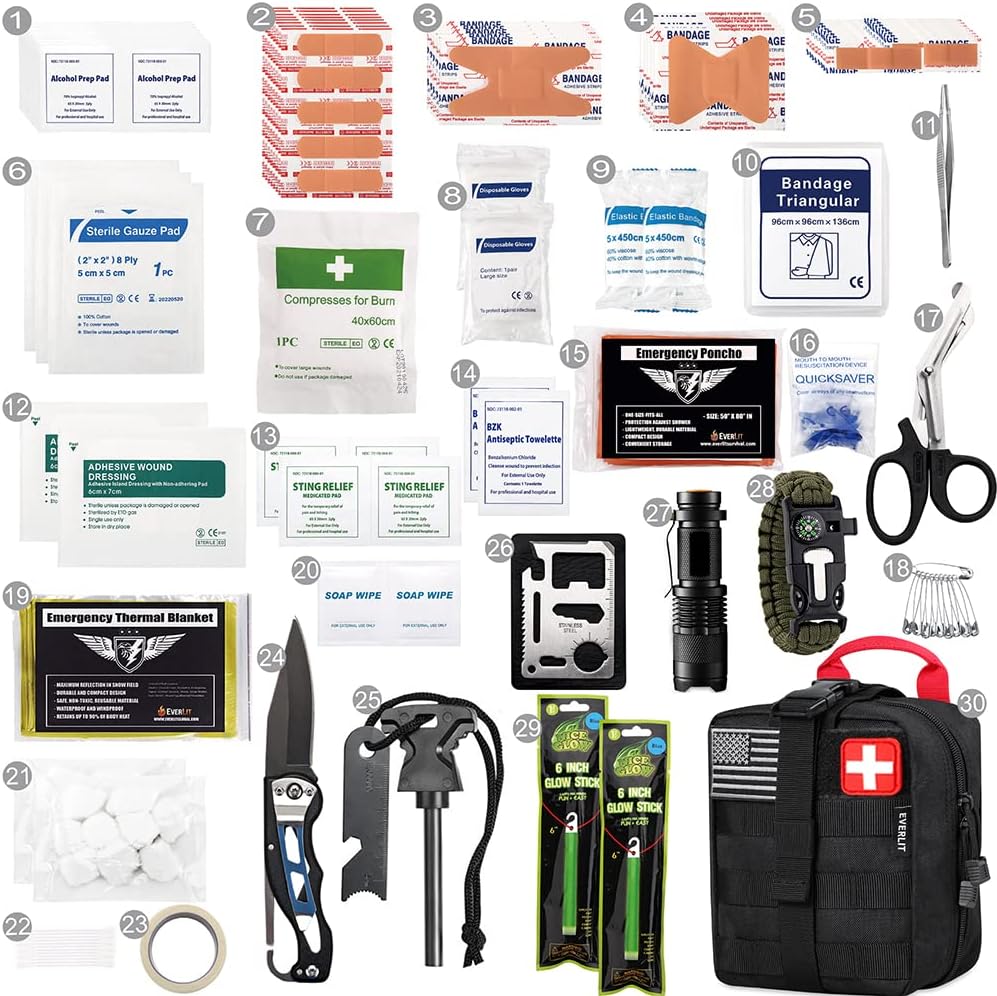 EVERLIT 250 Pcs Survival First Aid Kit | IFAK Outdoor Survival Kit Emergency Kit For Camping Hiking Hunting Earthquake Emergency Preparedness