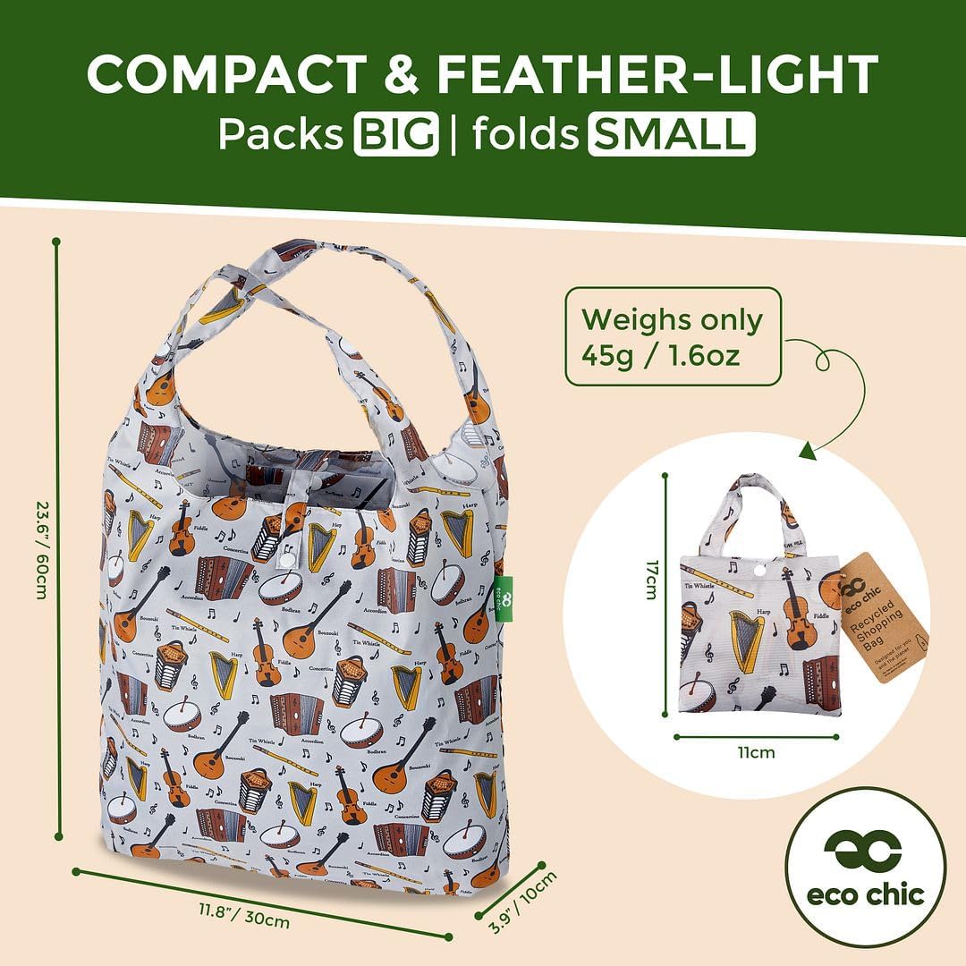 ECO CHIC Foldable Reusable Grocery Bags - Lightweight, Recycled & Reusable Shopping Bag - Waterproof Packable Tote