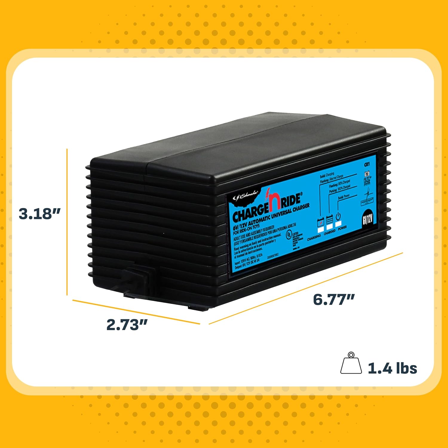 Schumacher Electric Charge 'n Ride Universal Battery Charger and Maintainer for Ride-on Toys, CR1, 2-in-1, Fully Automatic, 3 Amps, 6 Volt, 12 Volt, Use with MotionTrendz, Power Wheels, and Peg Pergo