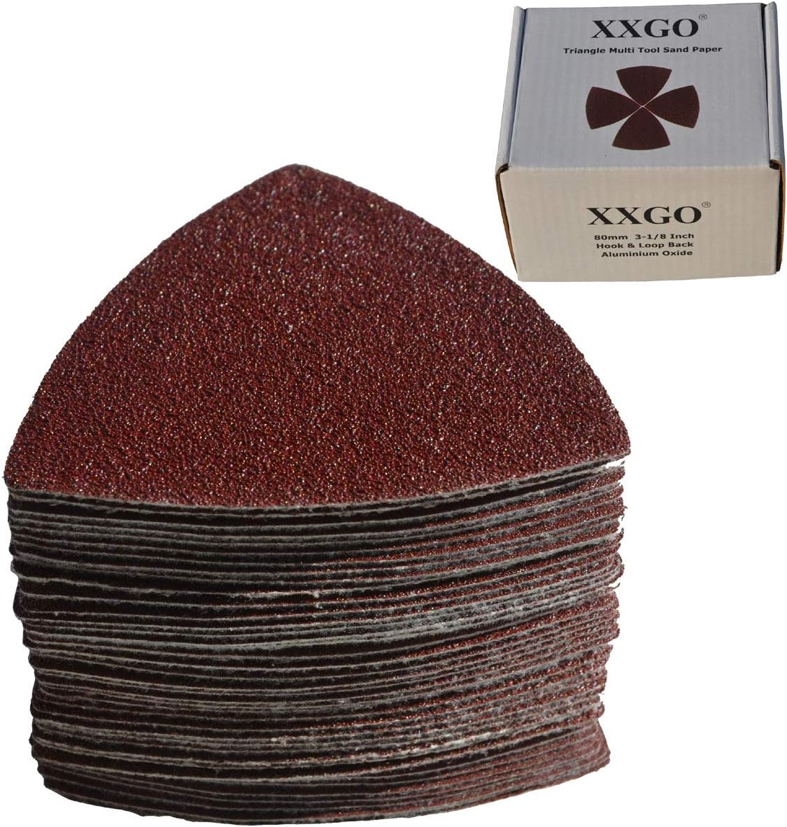 XXGO 55 Pcs 80mm 3-1/8 Inch Triangular Oscillating Multi Tool Sanding Pads | Assorted Grit , Hook & Loop Design , Strong Velcro , Best for Metal Wood Sanding