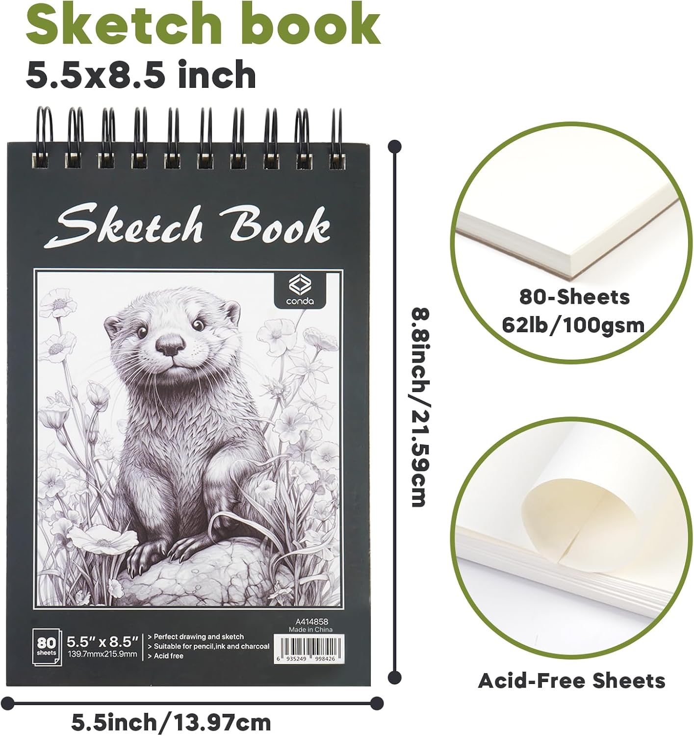 conda 8.5"x11" Sketch Book, 80 Sheets (68 lb/100gsm), Spiral Bound Artist Sketch Pad, Durable Acid Free Drawing Paper for Drawing Painting