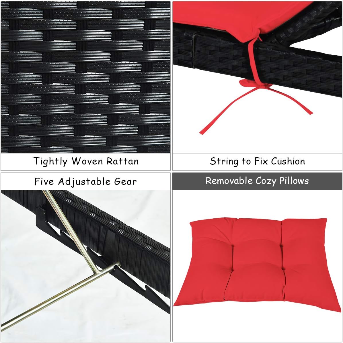 Tangkula Outdoor Chaise Lounge Chair, 5-Position Adjustable Rattan Recliner Chair w/Cushioned Seating and Adjustable Feet