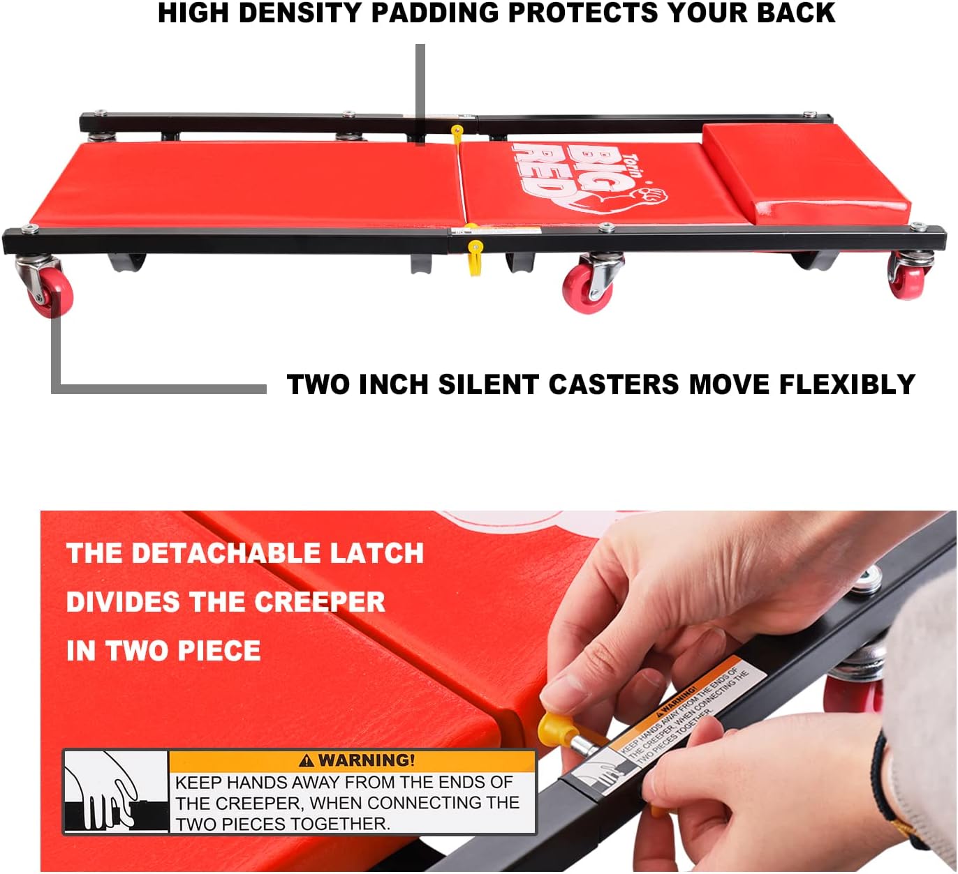 BIG RED TRP6240 Torin Blow Molded Plastic Rolling Garage/Shop Creeper: 40" Mechanic Cart with Padded Headrest, Dual Tool Trays and 6 Casters, Red